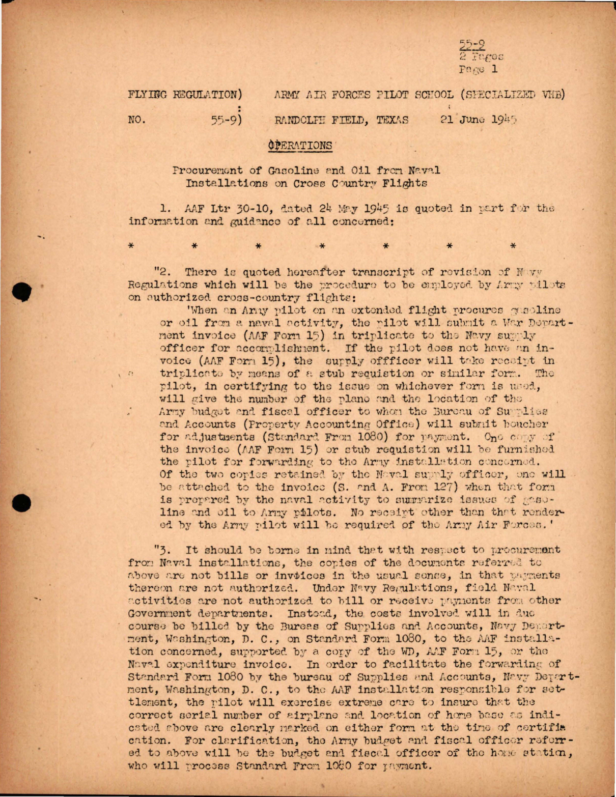 Sample page 1 from AirCorps Library document: Operations - Procurement of Gasoline & Oil from Naval Installations on Cross Country Flights