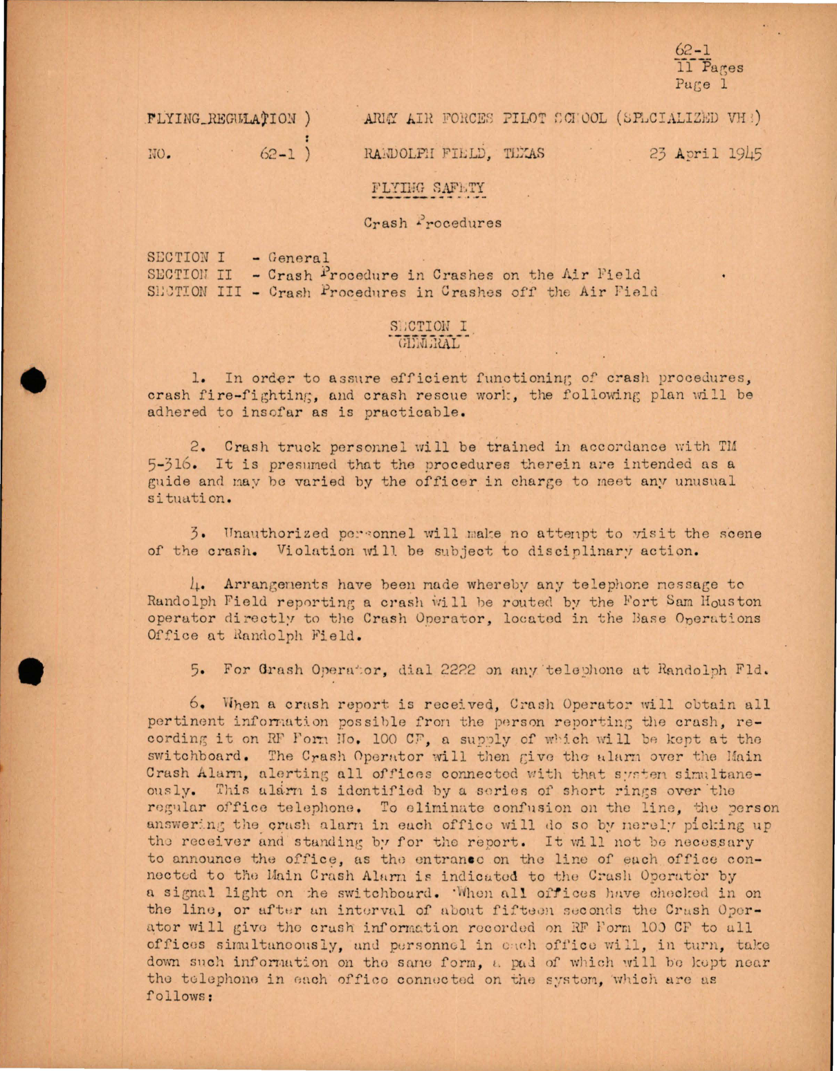 Sample page 1 from AirCorps Library document: Flying Safety - Crash Procedures