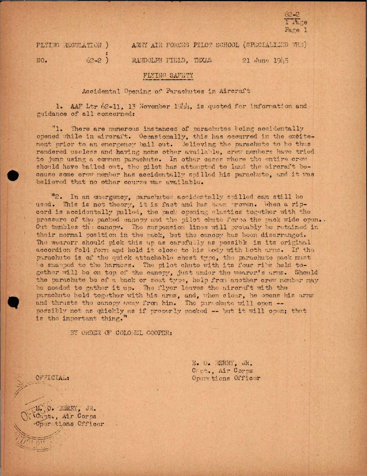 Sample page 1 from AirCorps Library document: Flying Safety - Accidental Opening of Parachutes in Aircraft