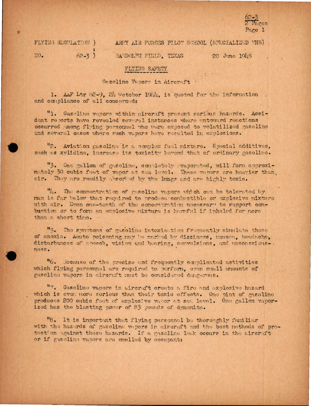 Sample page 1 from AirCorps Library document: Flying Safety - Gasoline Vapors in Aircraft