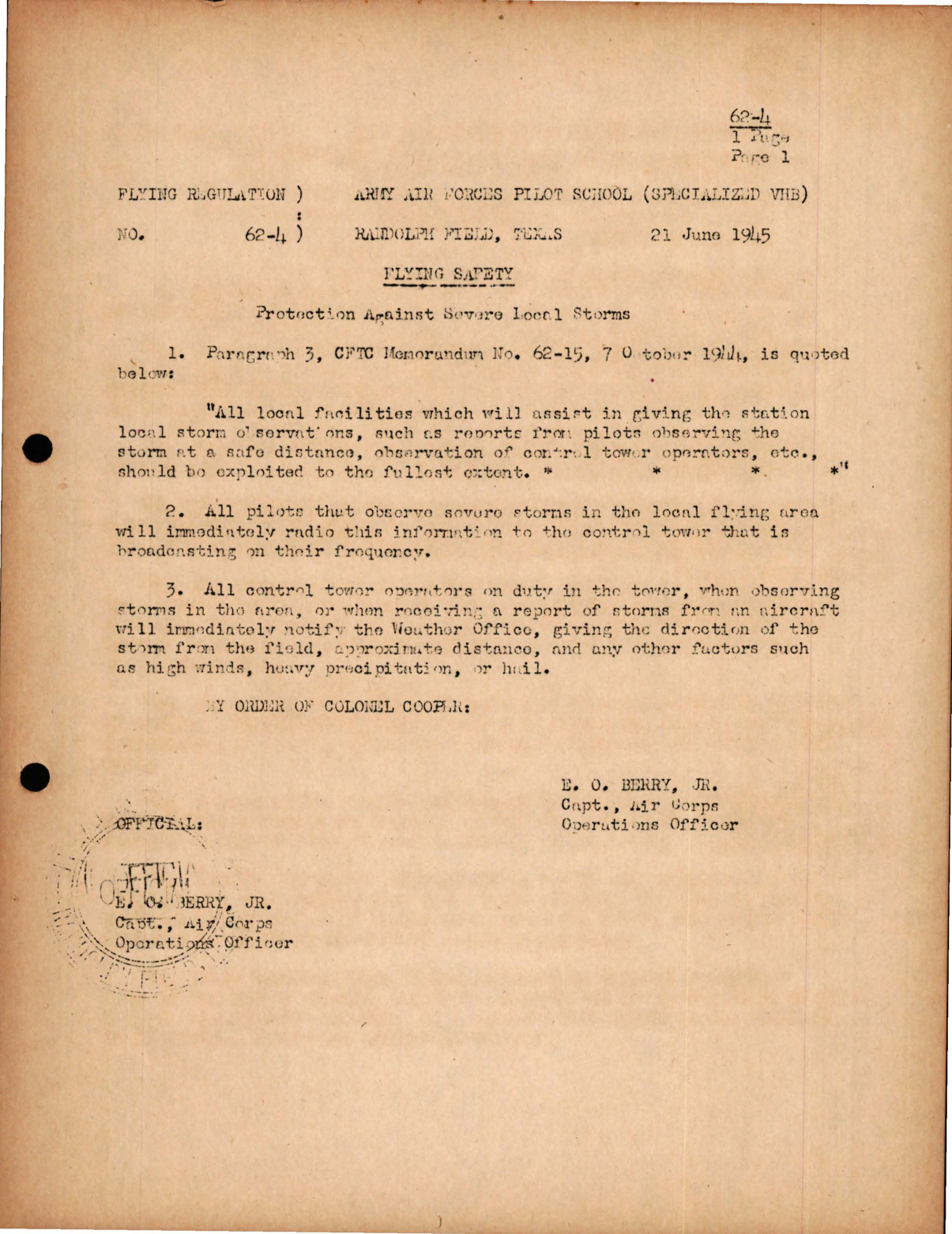 Sample page 1 from AirCorps Library document:  Flying Safety - Protection Against Severe Local Storms