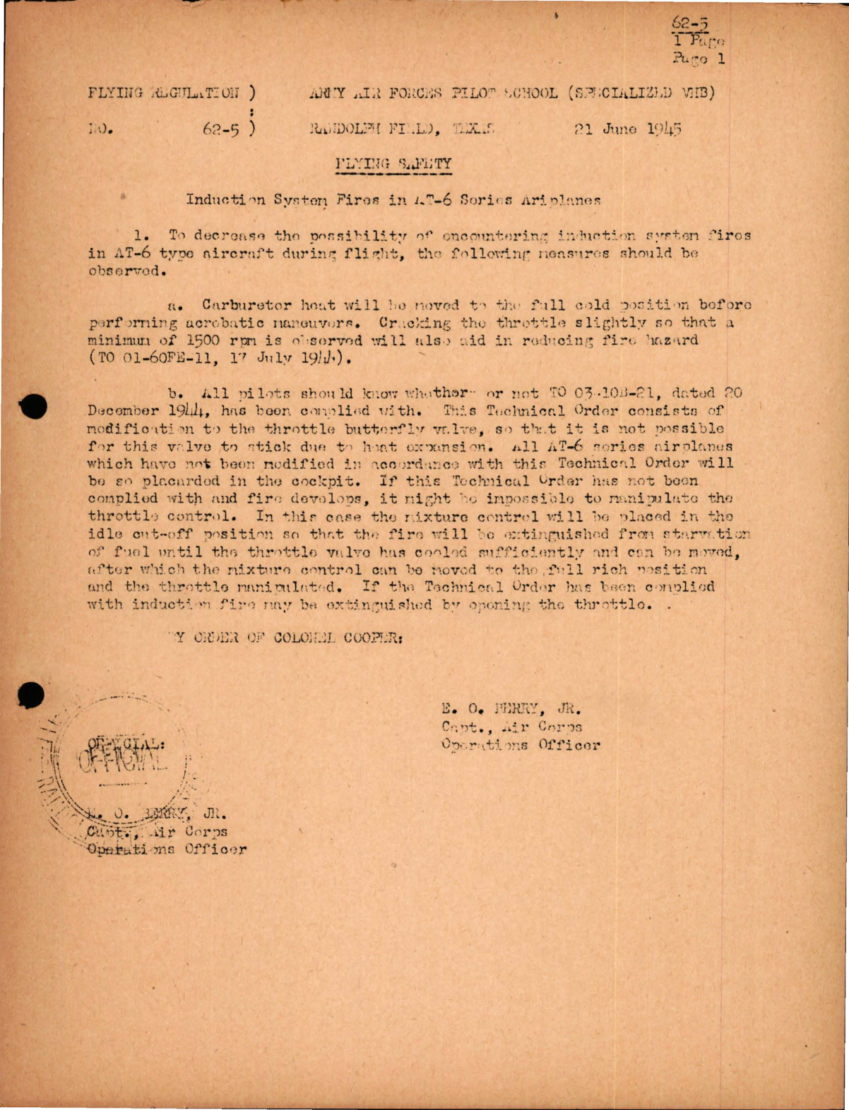 Sample page 1 from AirCorps Library document: Flying Safety - Induction System Fires in AT-6 Series Airplanes