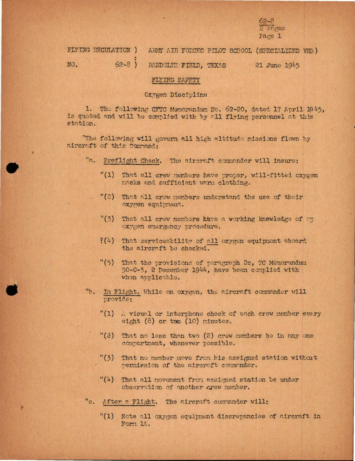 Sample page 1 from AirCorps Library document: Flying Safety - Oxygen Discipline