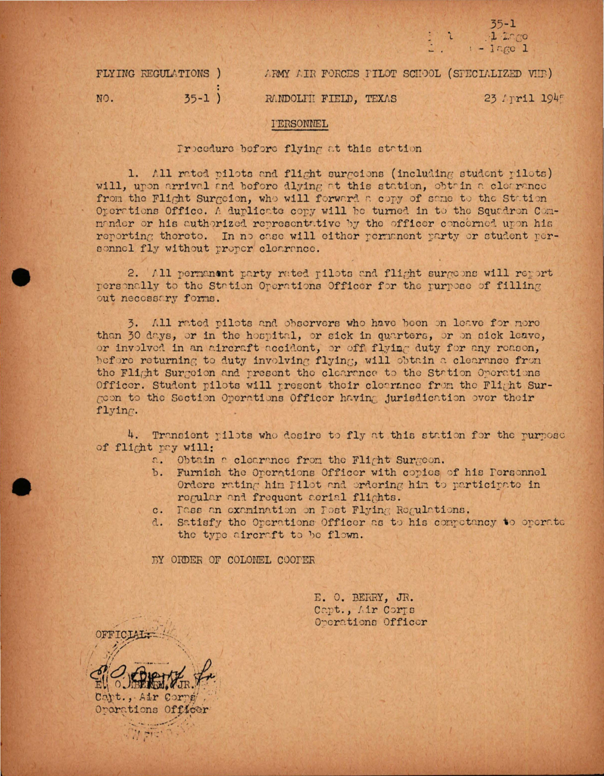 Sample page 1 from AirCorps Library document:  Personnel - Procedure Before Flying at This Station