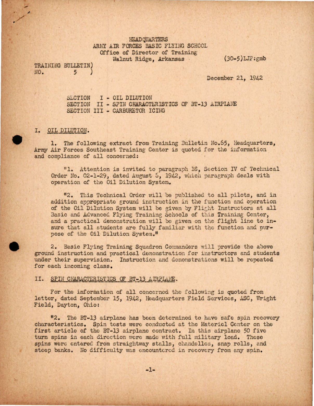 Sample page 1 from AirCorps Library document: Oil Dilution, Spin Characteristics of BT-13, Carburetor Icing