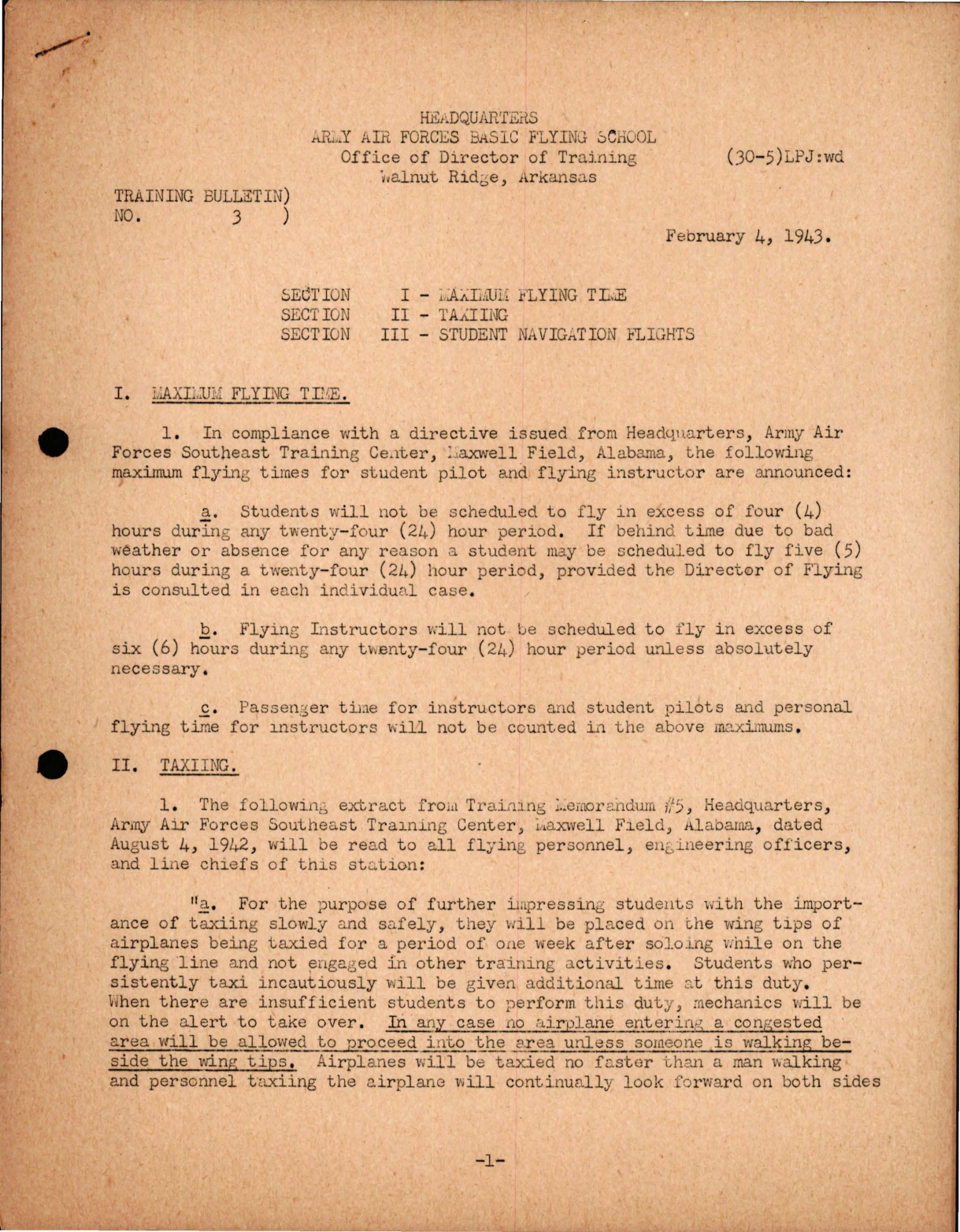 Sample page 1 from AirCorps Library document: Maximum Flying Time, Taxiing, Student Navigation Flights