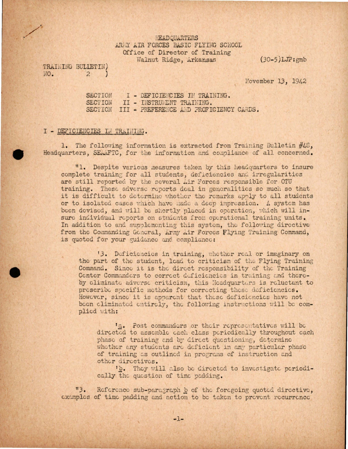 Sample page 1 from AirCorps Library document:  Deficiencies in Training, Instrument Training, Preference & Proficiency Cards