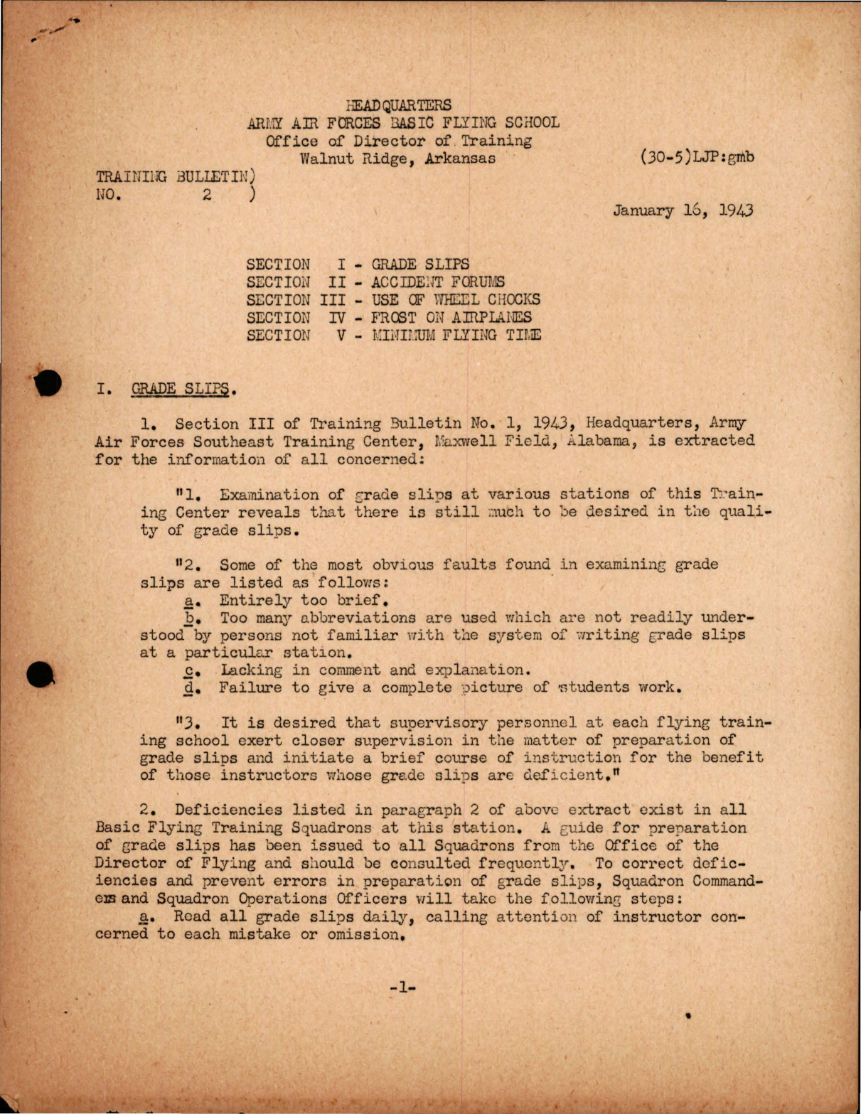 Sample page 1 from AirCorps Library document: Grade Slips, Accident Forums, Use of Wheel Chocks, Frost on Airplanes, Minimum Flying Time