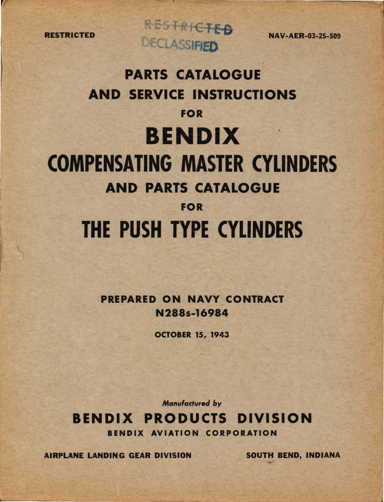 Sample page 1 from AirCorps Library document: Parts Catalogue and Service Instructions for Bendix Compensating Master Cylinders for Push Type Cylinders