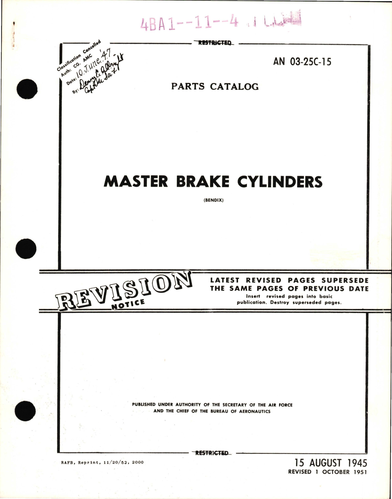 Sample page 1 from AirCorps Library document: Parts Catalog for Master Brake Cylinders 