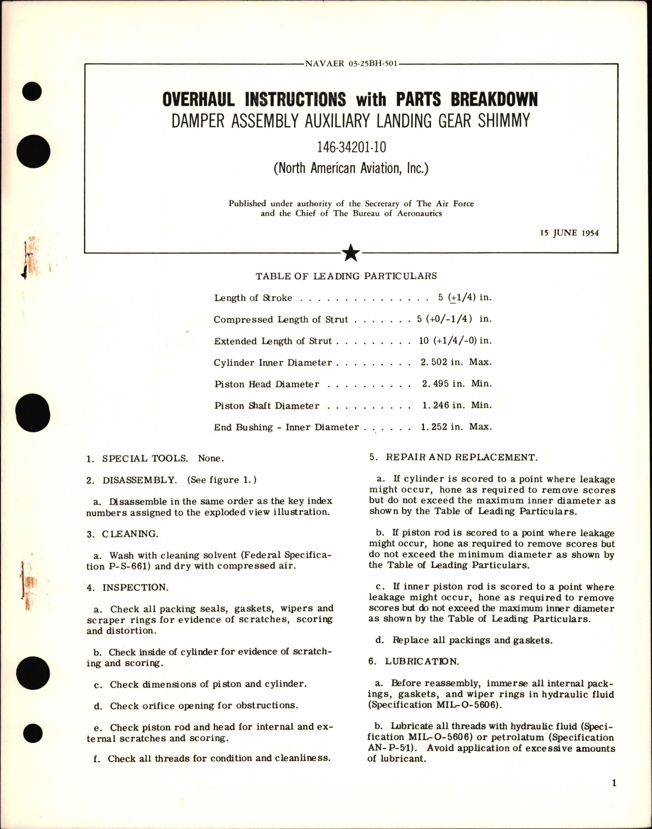 Sample page 1 from AirCorps Library document: Overhaul Instructions with Parts for Damper Assembly Auxiliary Landing Gear Shimmy 146-34201-10 