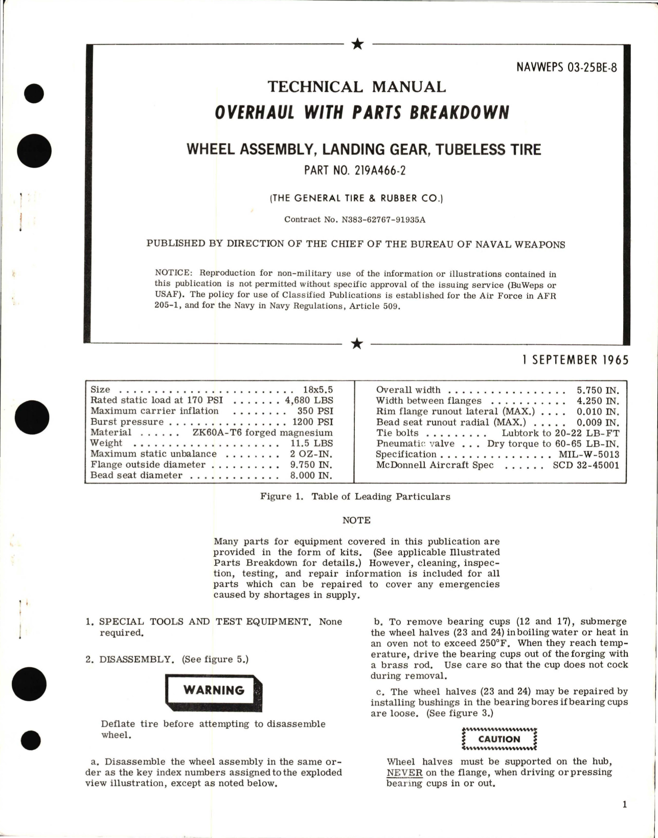 Sample page 1 from AirCorps Library document: Overhaul with Parts for Wheel Assembly, Landing Gear, Tubeless Tire Part No. 219A466-2