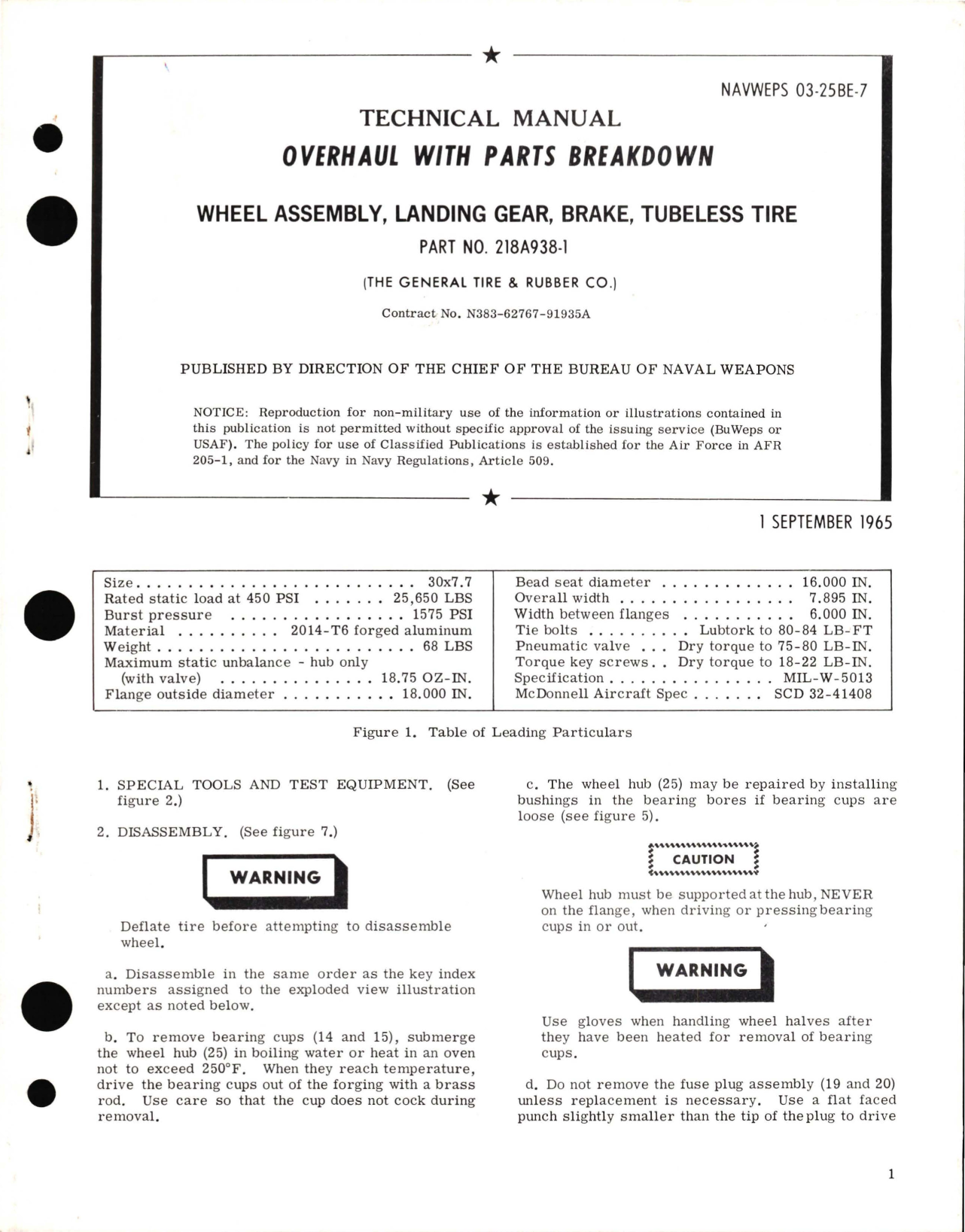 Sample page 1 from AirCorps Library document: Overhaul with Parts for Wheel Assembly, Landing Gear, Brake, Tubeless Tire Part No. 218A938-1