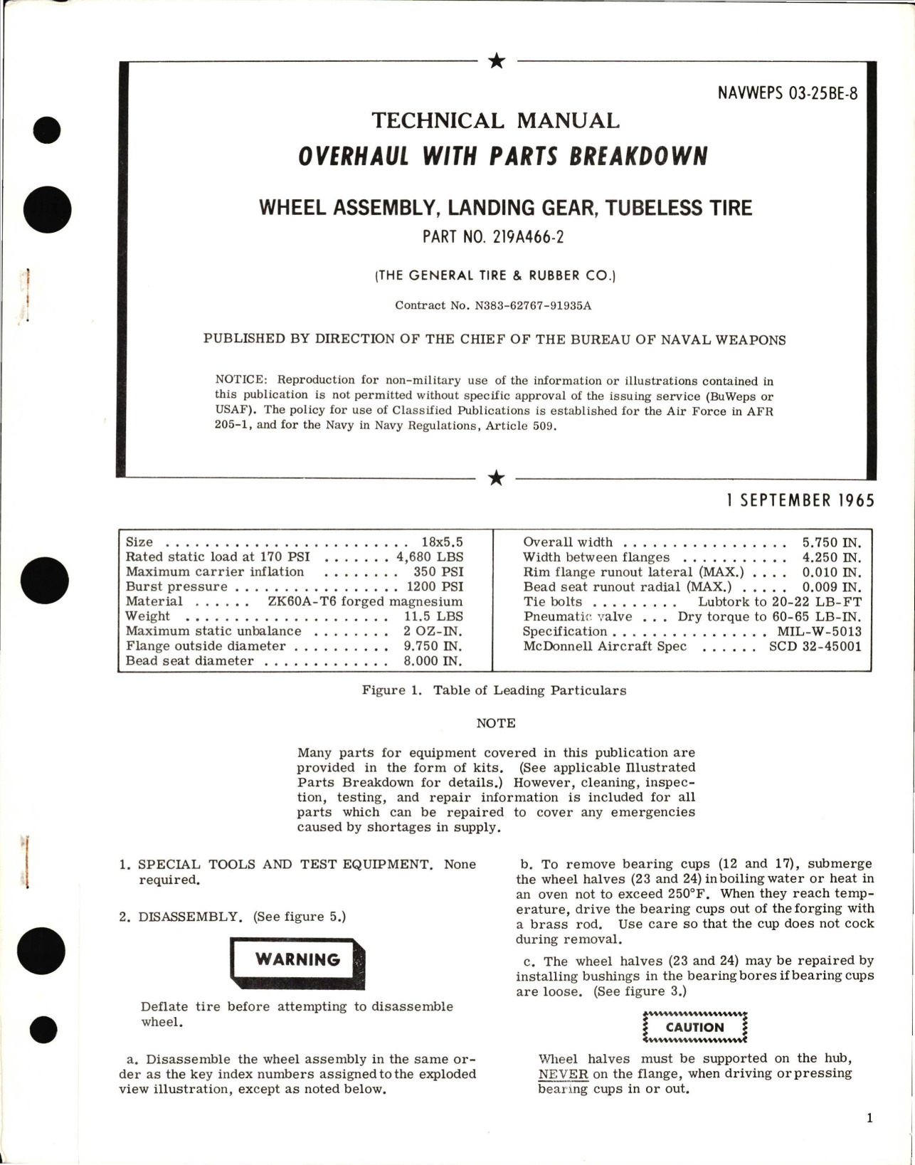 Sample page 1 from AirCorps Library document: Overhaul with Parts for Wheel Assembly, Landing gear, Tubeless Tire Part No. 219A466-2