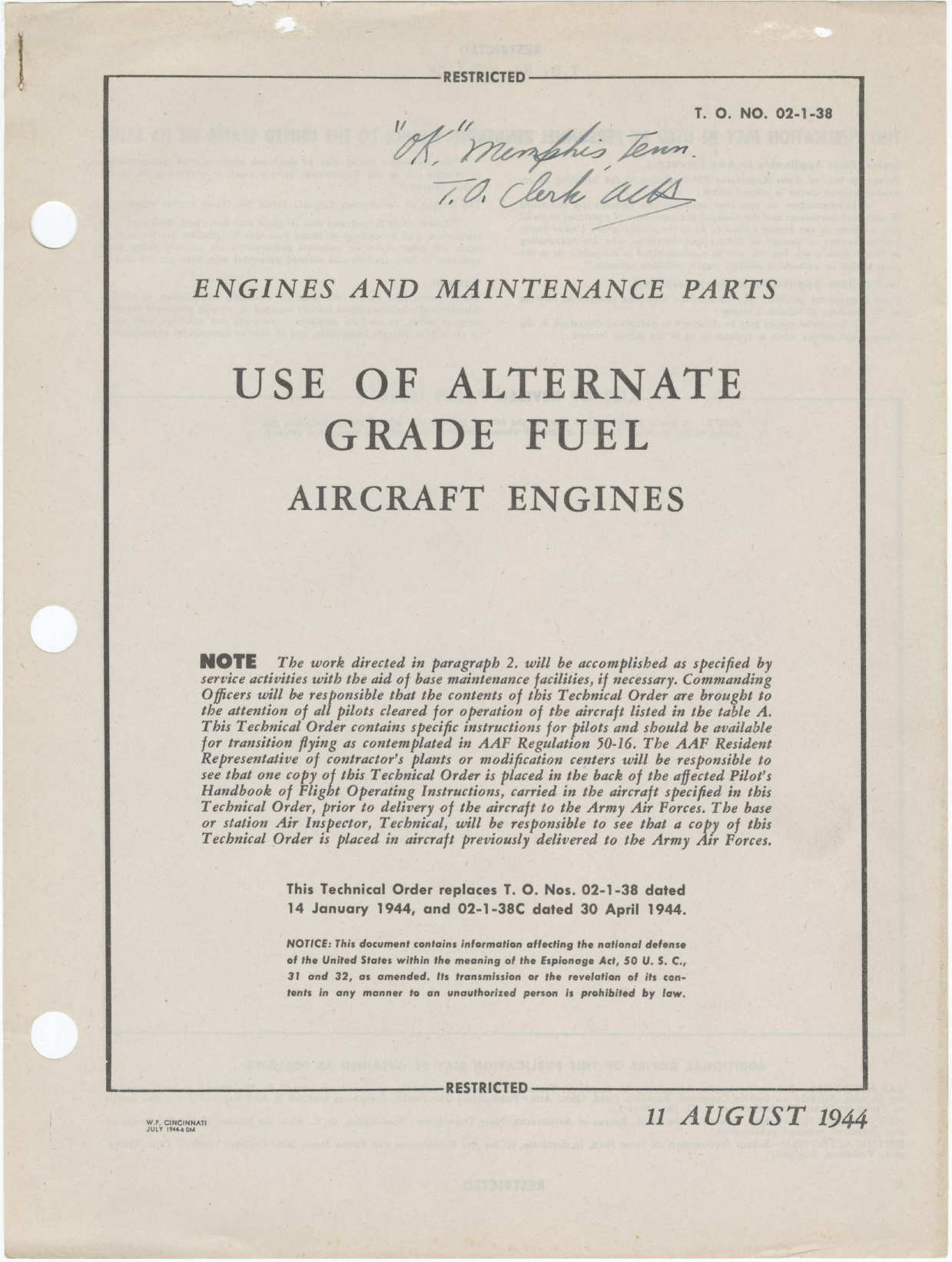 Sample page 1 from AirCorps Library document: Engines and Maintenance Parts - Use of Alternate Grade Fuel for Aircraft Engines