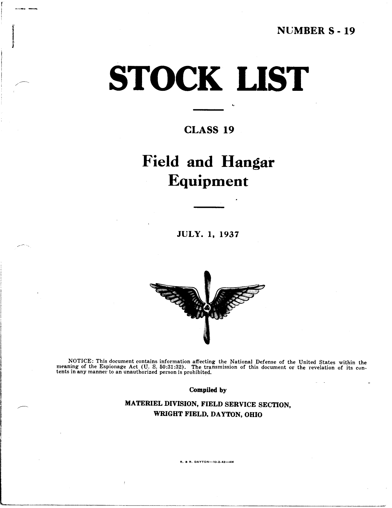 Sample page 1 from AirCorps Library document: Stock List for Field and Hanger Equipment