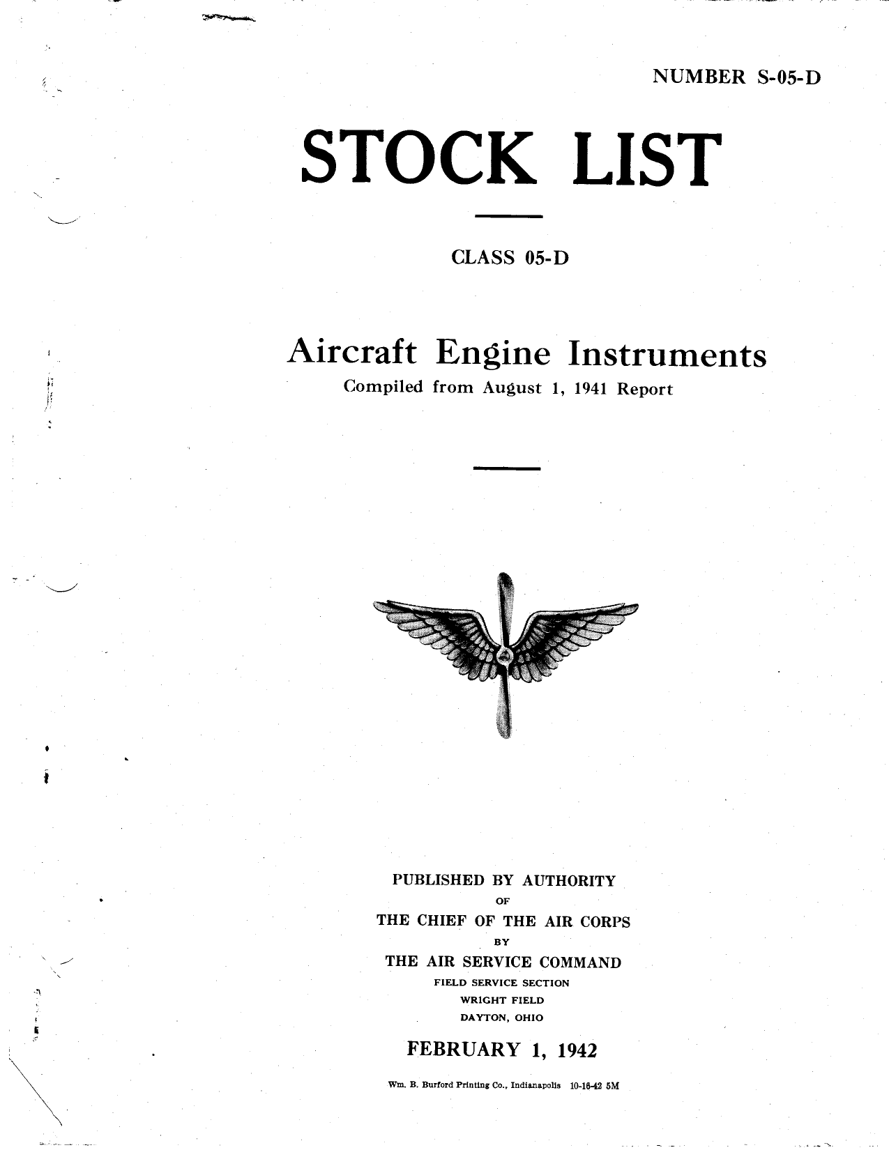Sample page 1 from AirCorps Library document: Stock List for Aircraft Engine Instruments