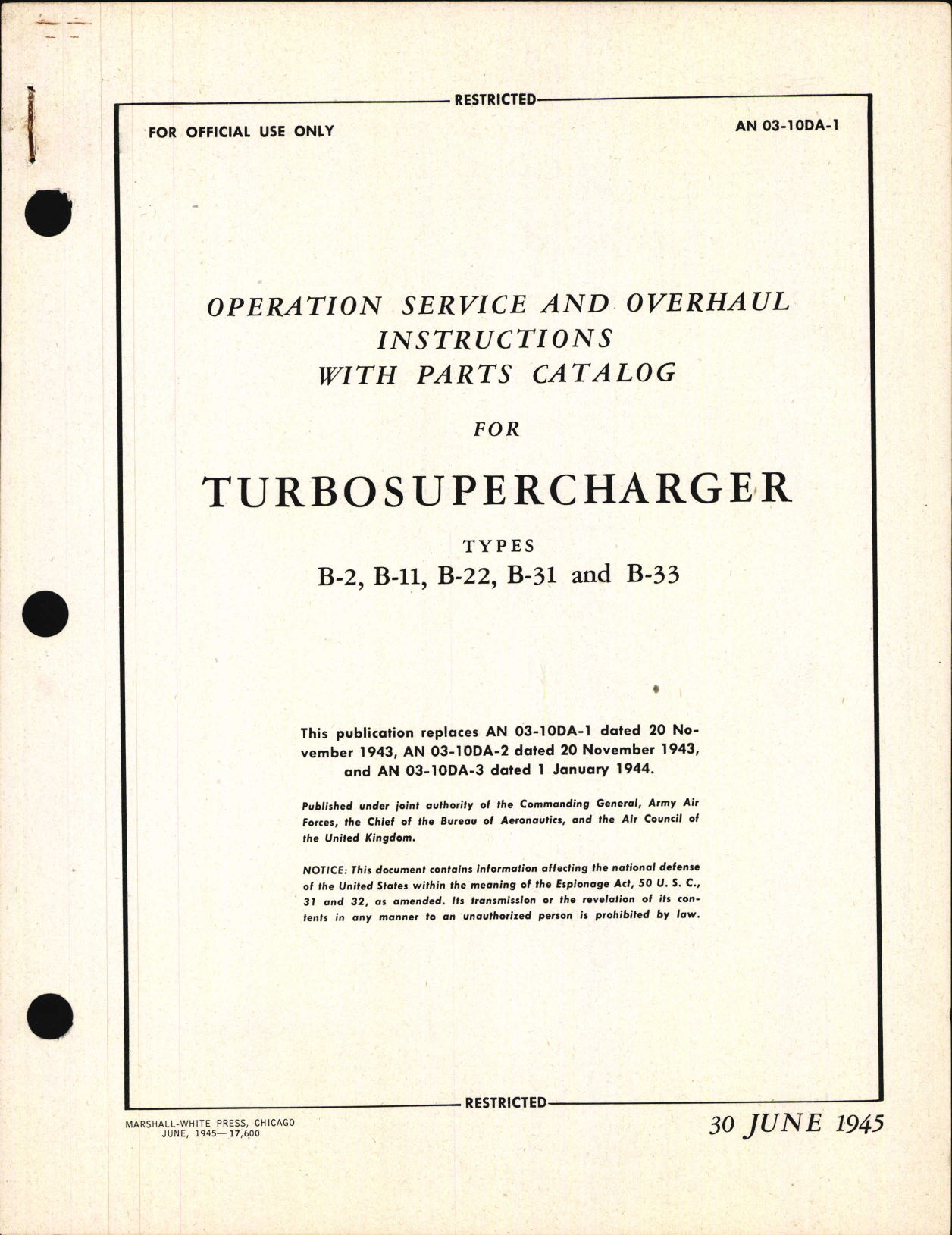 Sample page 1 from AirCorps Library document: Operation, Service, & Overhaul Instructions with Parts Catalog for Turbosuperchargers Types B-2, B-11, B-22, B-31, and B-33