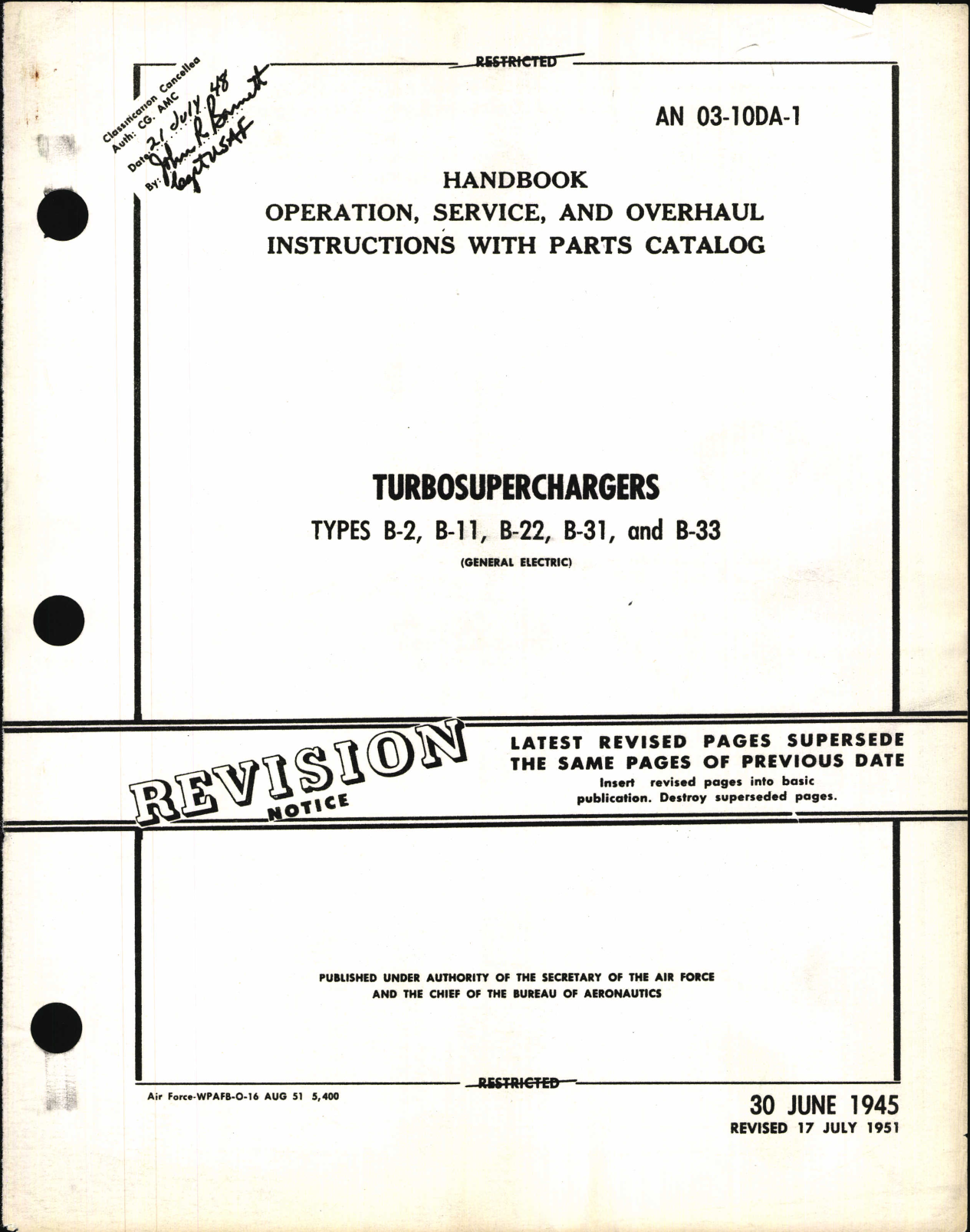 Sample page 1 from AirCorps Library document: Operation, Service, & Overhaul Instructions with Parts Catalog for Turbosuperchargers Types B-2, B-11, B-22, B-31, and B-33