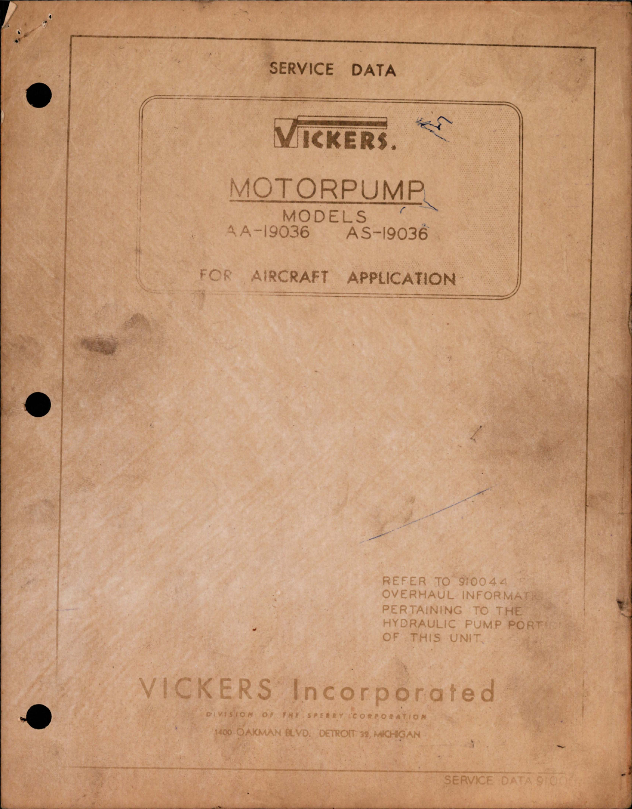 Sample page 1 from AirCorps Library document: Service Data for Motorpump - Models AA-19036, AS-19036