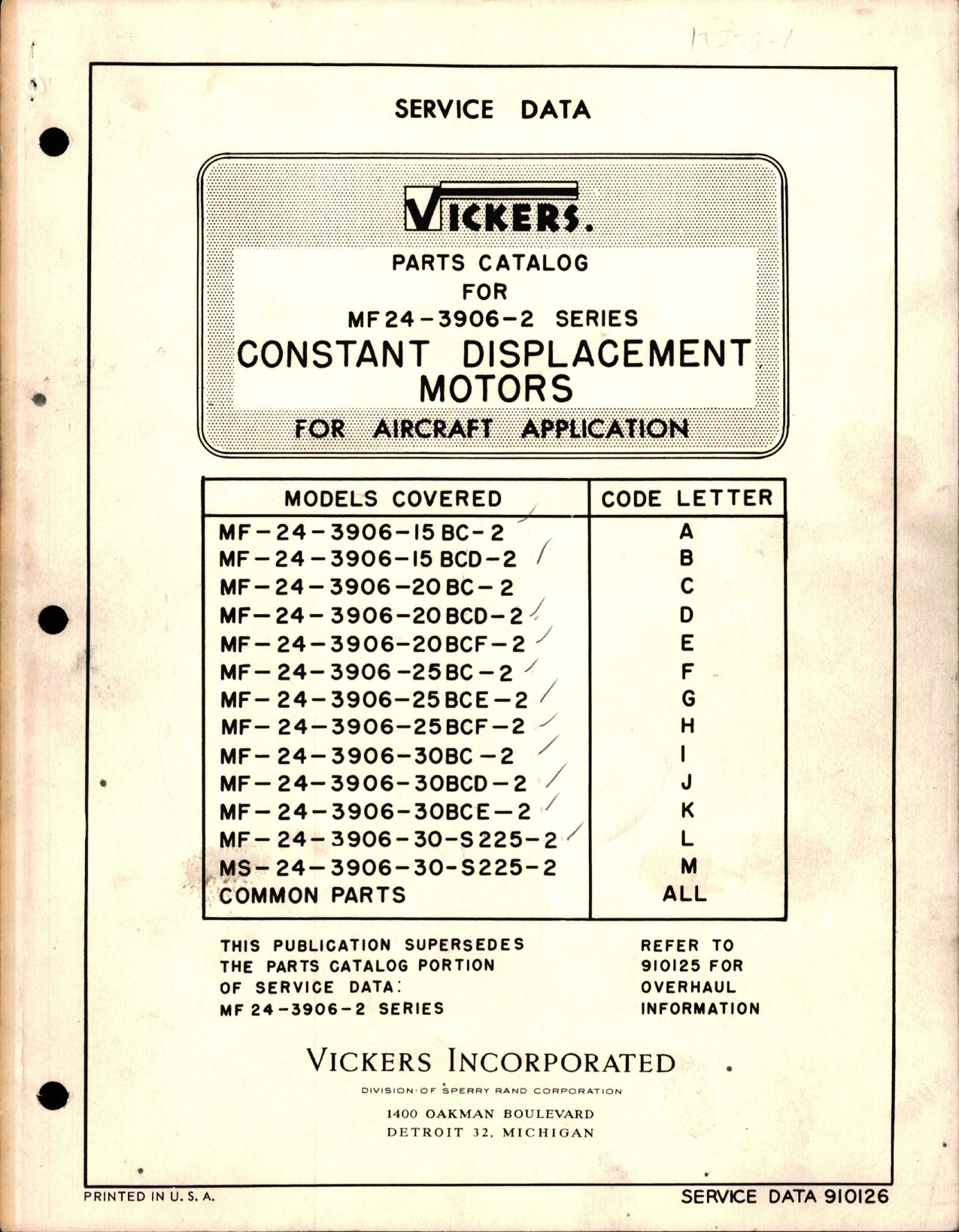 Sample page 1 from AirCorps Library document: Parts Catalog for Constant Displacement Motors - MF24-3906-2