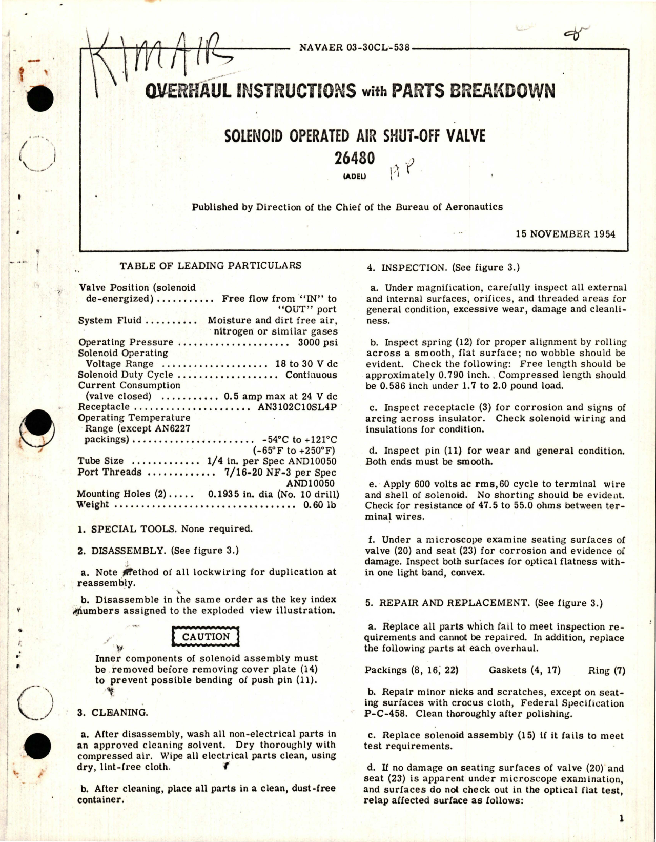 Sample page 1 from AirCorps Library document: Overhaul Instructions with Parts Breakdown for Solenoid Operated Air Shut-Off Valve - 26480
