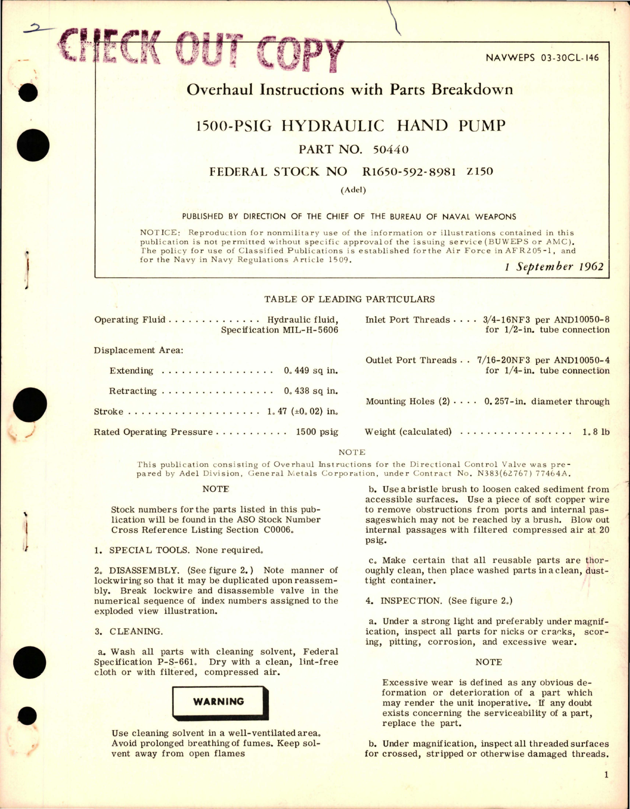 Sample page 1 from AirCorps Library document: Overhaul Instructions with Parts Breakdown for Hydraulic Hand Pump - 1500 PSIG - Part 50440 