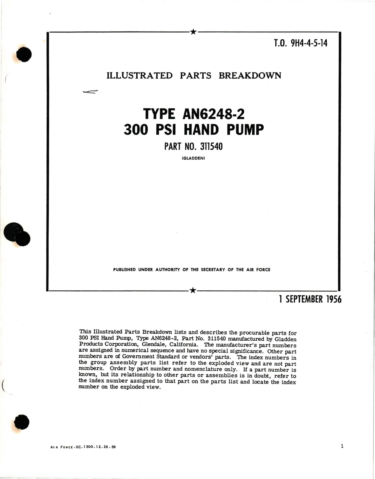 Sample page 1 from AirCorps Library document: Illustrated Parts Breakdown for Hand Pump - 3000 PSI  - Type AN6248-2 - Part 311540