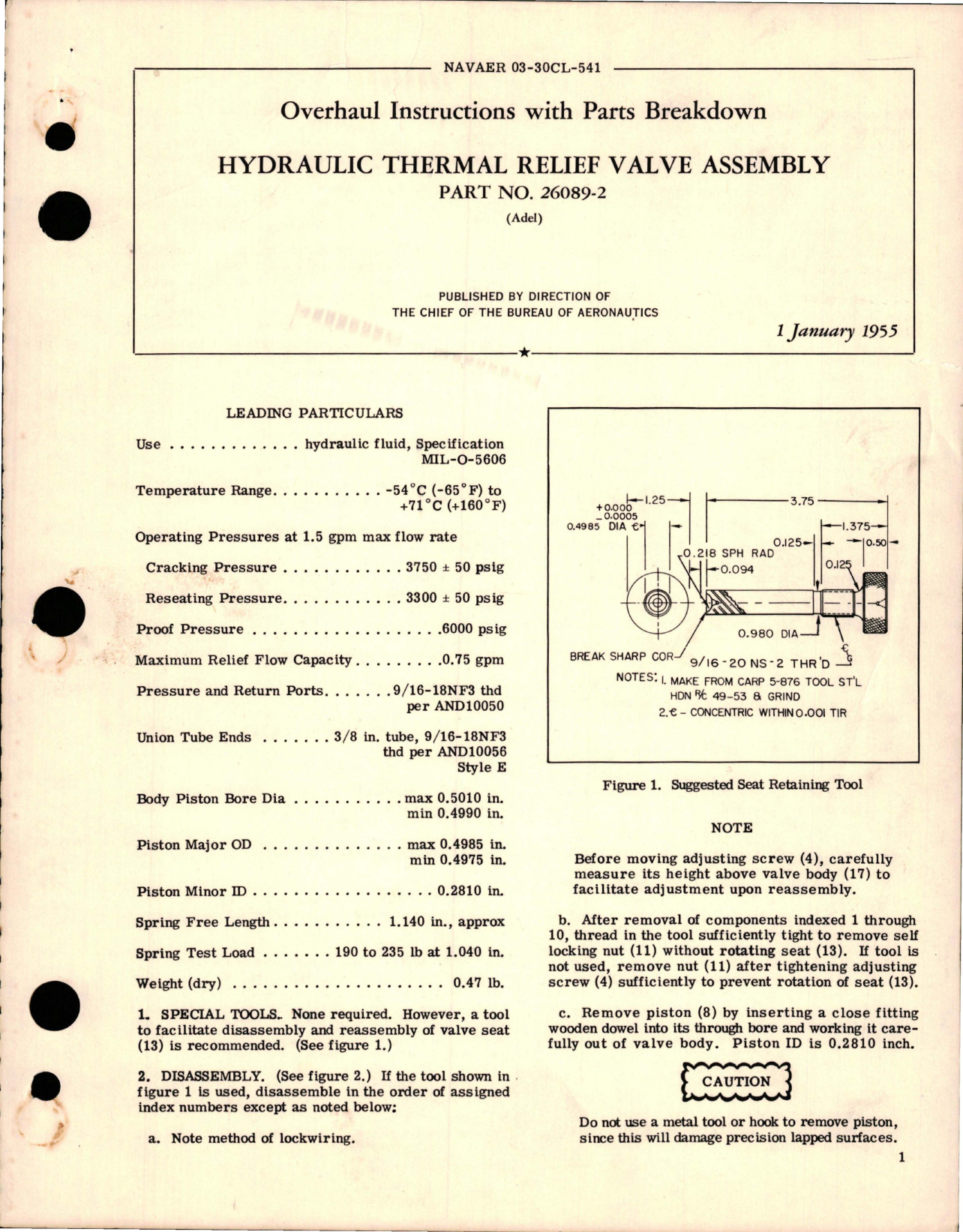 Sample page 1 from AirCorps Library document: Overhaul Instructions with Parts for Hydraulic Thermal Relief Valve Assembly - Part 26089-2 