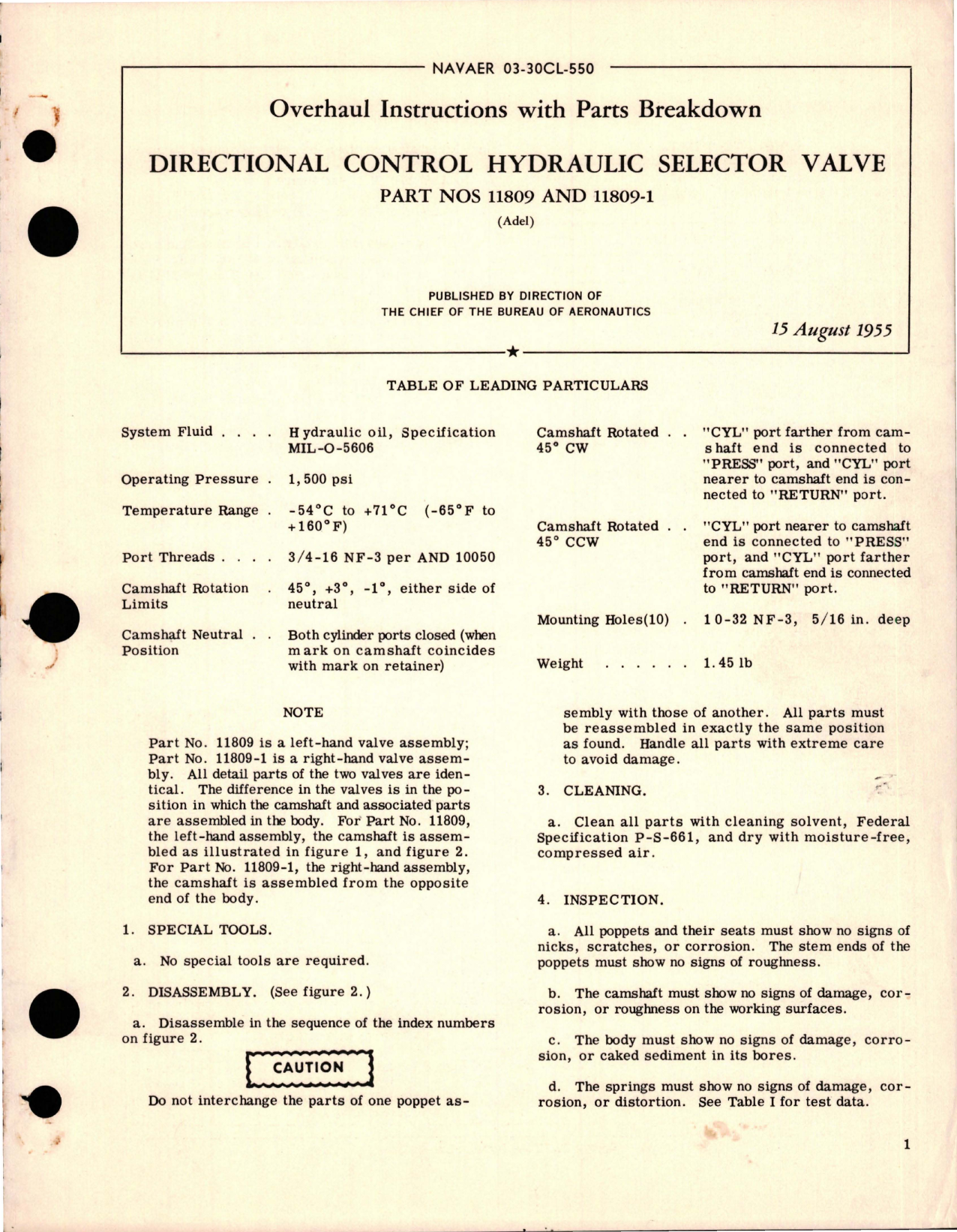 Sample page 1 from AirCorps Library document: Overhaul Instructions with Parts for Directional Control Hydraulic Selector Valve - Parts 11809 and 11809-1 