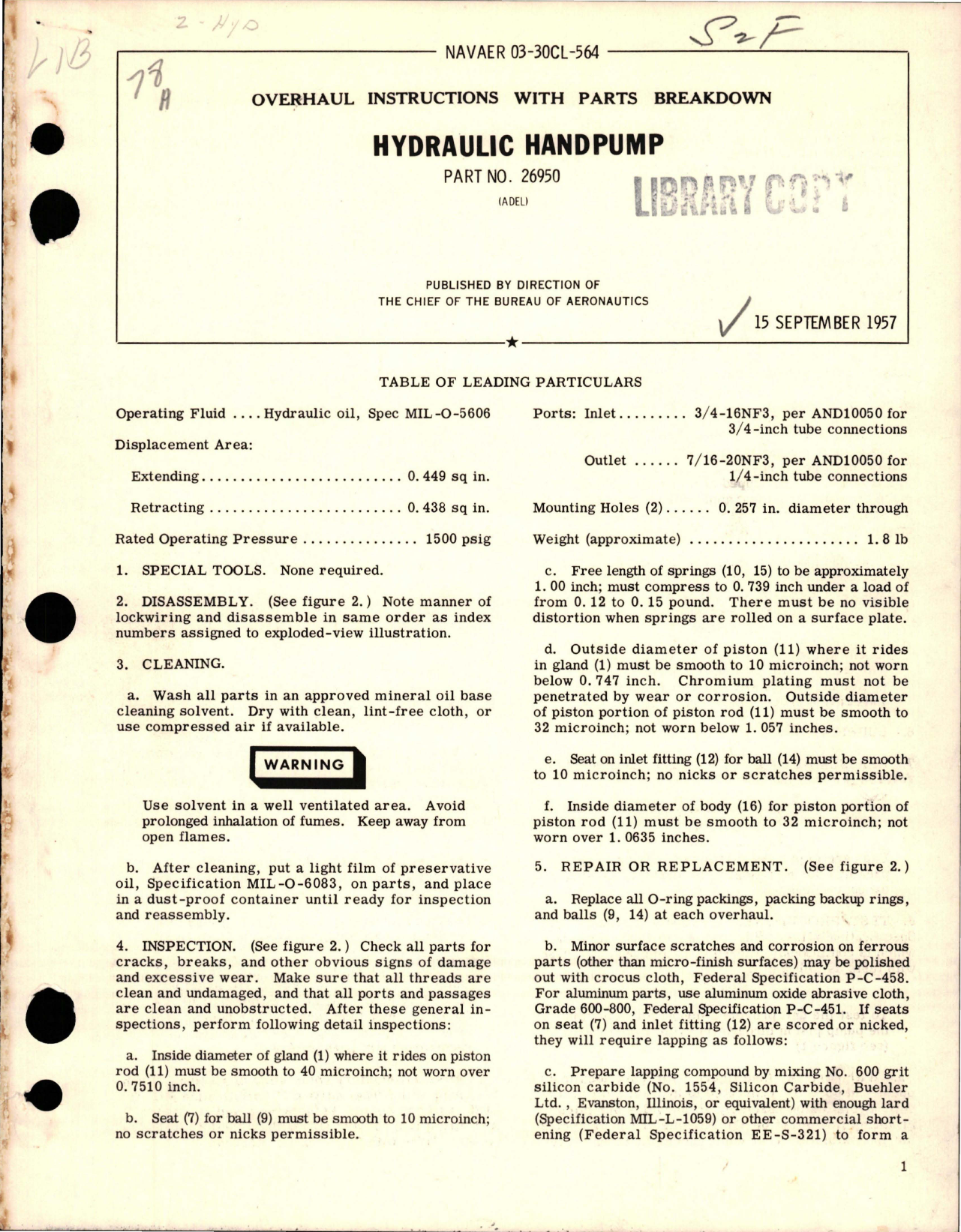 Sample page 1 from AirCorps Library document: Overhaul Instructions with Parts Breakdown for Hydraulic Handpump - Part 26950