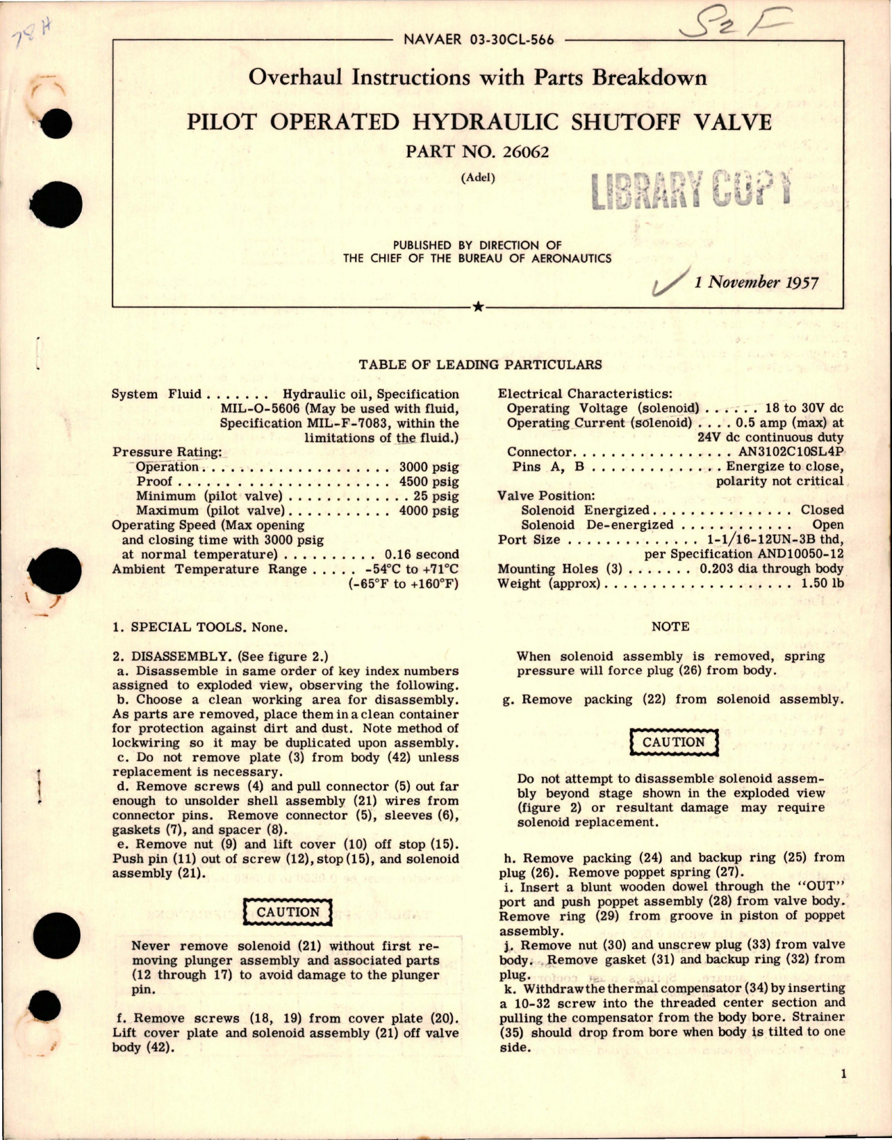 Sample page 1 from AirCorps Library document: Overhaul Instructions with Parts Breakdown for Pilot Operated Hydraulic Shutoff Valve - Part 26062 