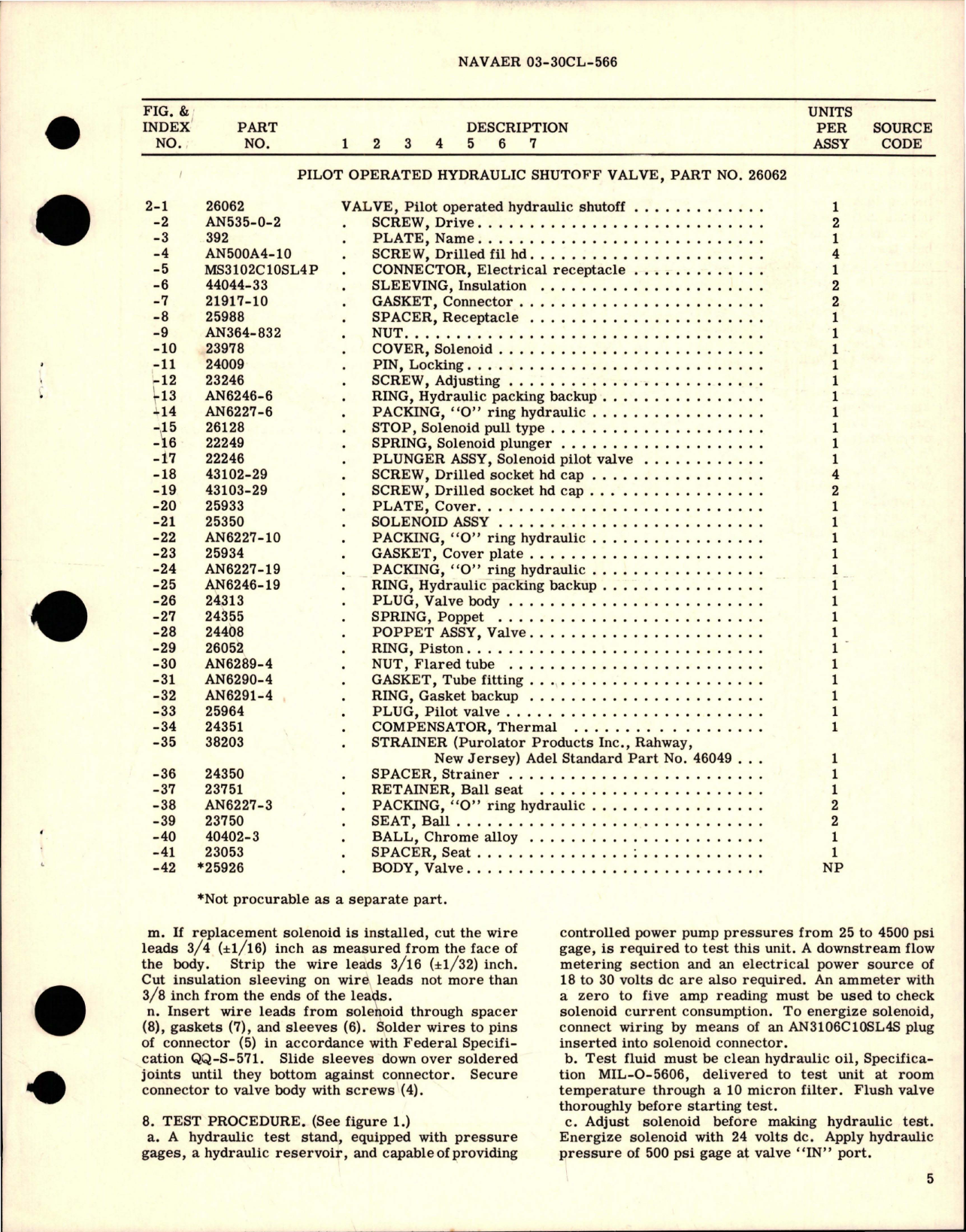 Sample page 5 from AirCorps Library document: Overhaul Instructions with Parts Breakdown for Pilot Operated Hydraulic Shutoff Valve - Part 26062 