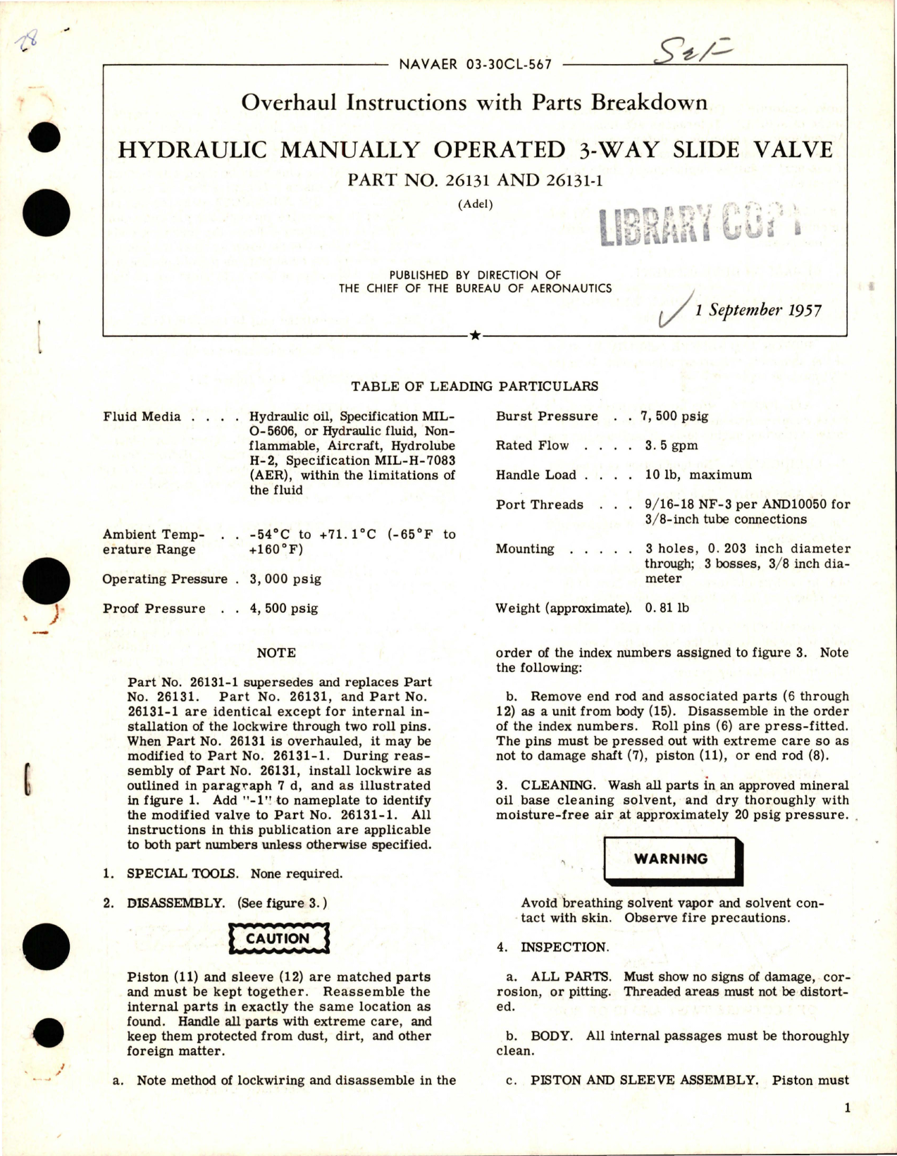 Sample page 1 from AirCorps Library document: Overhaul Instructions with Parts for Manually Operated Hydraulic 3-Way Slide Valve - Parts 26131 and 26131-1 