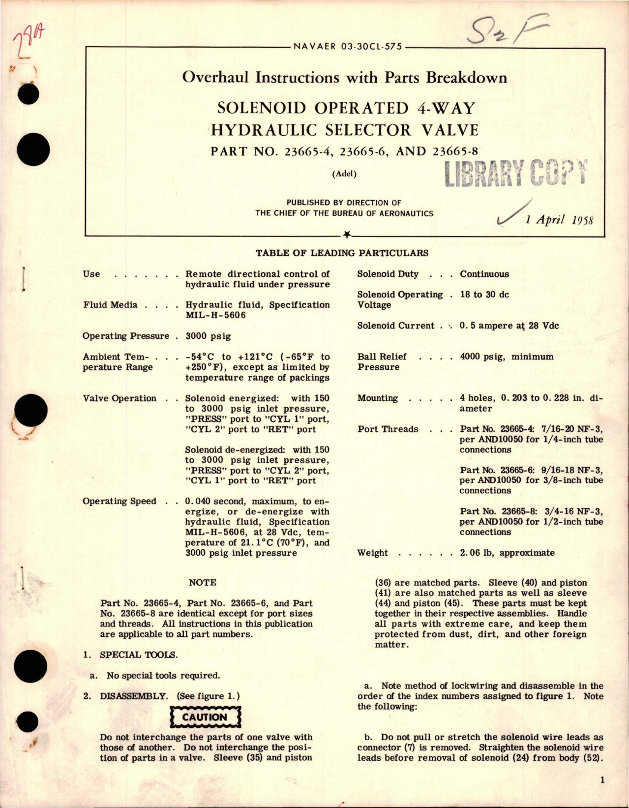 Sample page 1 from AirCorps Library document: Overhaul Instructions with Parts for Solenoid Operated 4-Way Hydraulic Selector Valve - Parts 23665-4, 23665-6 and 23665-8 