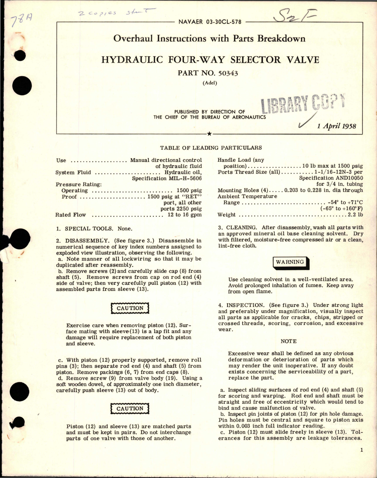 Sample page 1 from AirCorps Library document: Overhaul Instructions w Parts for Hydraulic Four-Way Selector Valve - Part 50343 