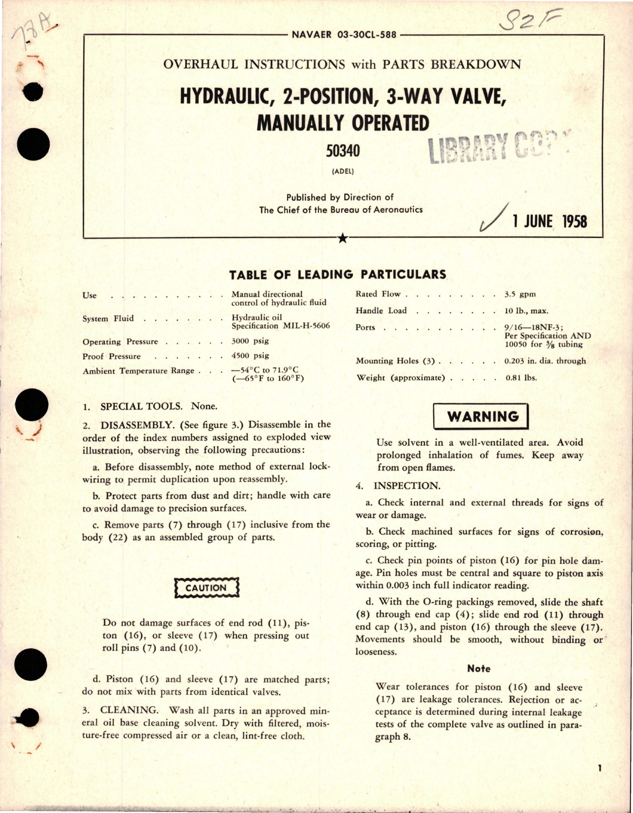 Sample page 1 from AirCorps Library document: Overhaul Instructions with Parts for Manually Operated Hydraulic 2-Positioin 3-Way Valve - 50340 