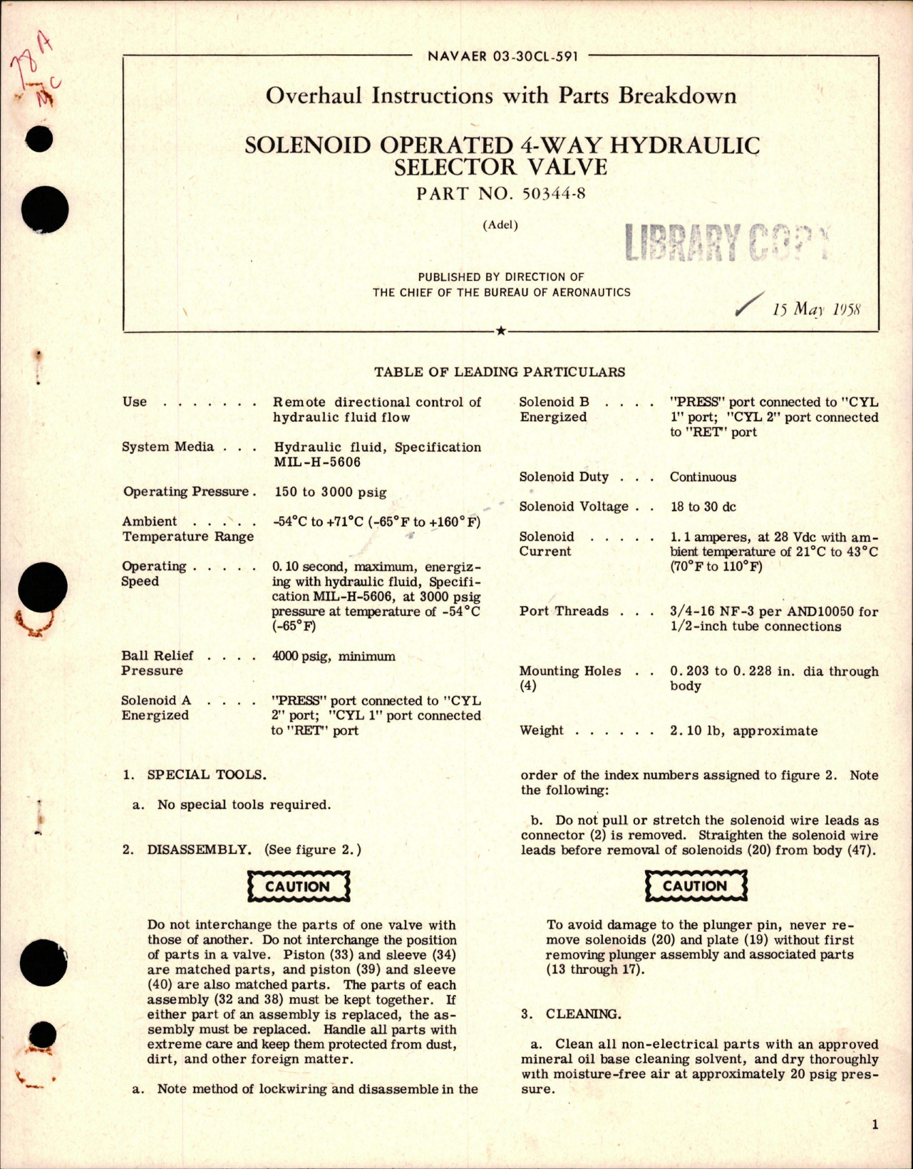 Sample page 1 from AirCorps Library document: Overhaul Instructions with Parts for Solenoid Operated 4-Way Hydraulic Selector Valve - Part 50344-8 