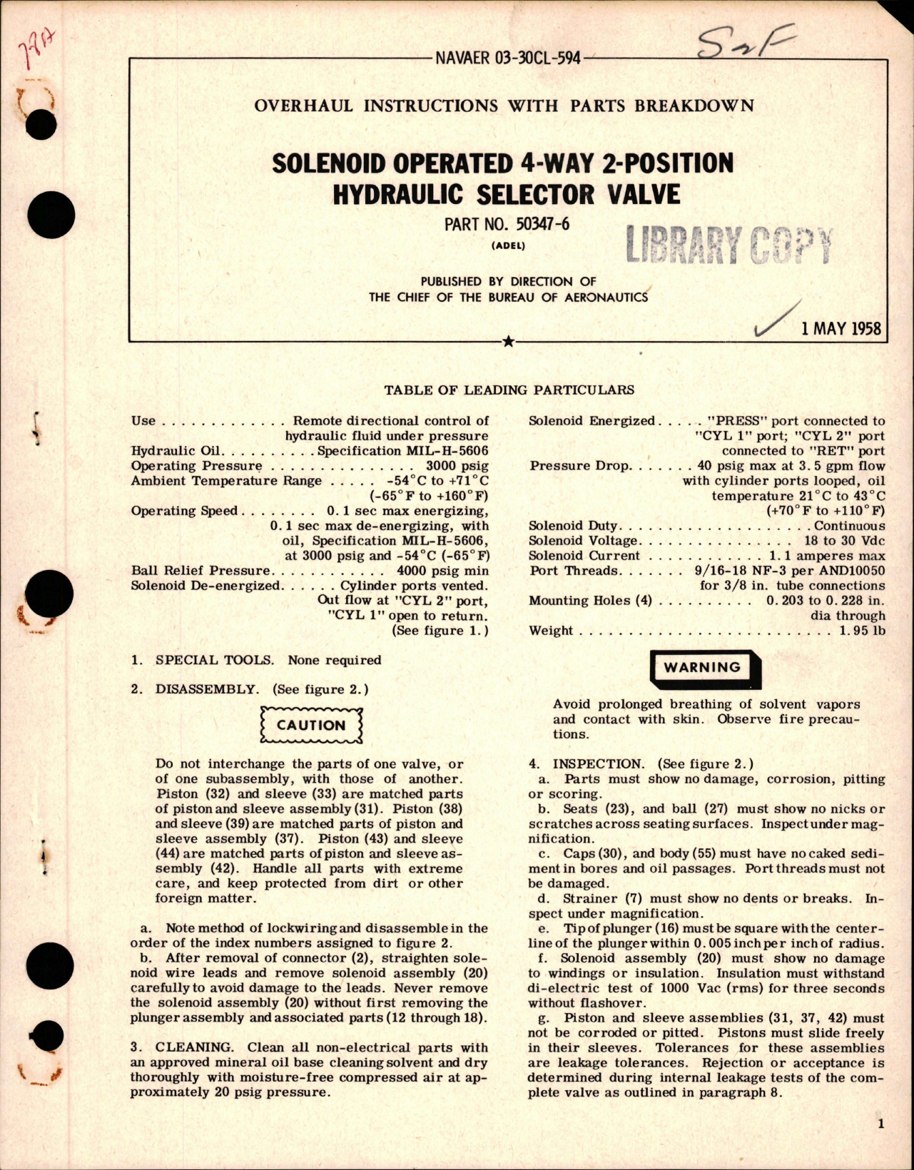 Sample page 1 from AirCorps Library document: Overhaul Instructions with Parts for Solenoid Operated 4-Way 2-Position Hydraulic Selector Valve - Part 50347-6
