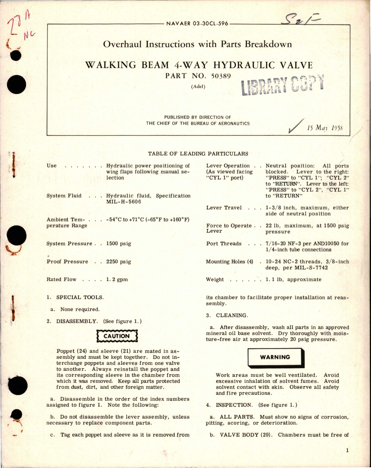Sample page 1 from AirCorps Library document: Overhaul Instructions with Parts for 4-Way Walking Beam Hydraulic Valve - Part 50389 