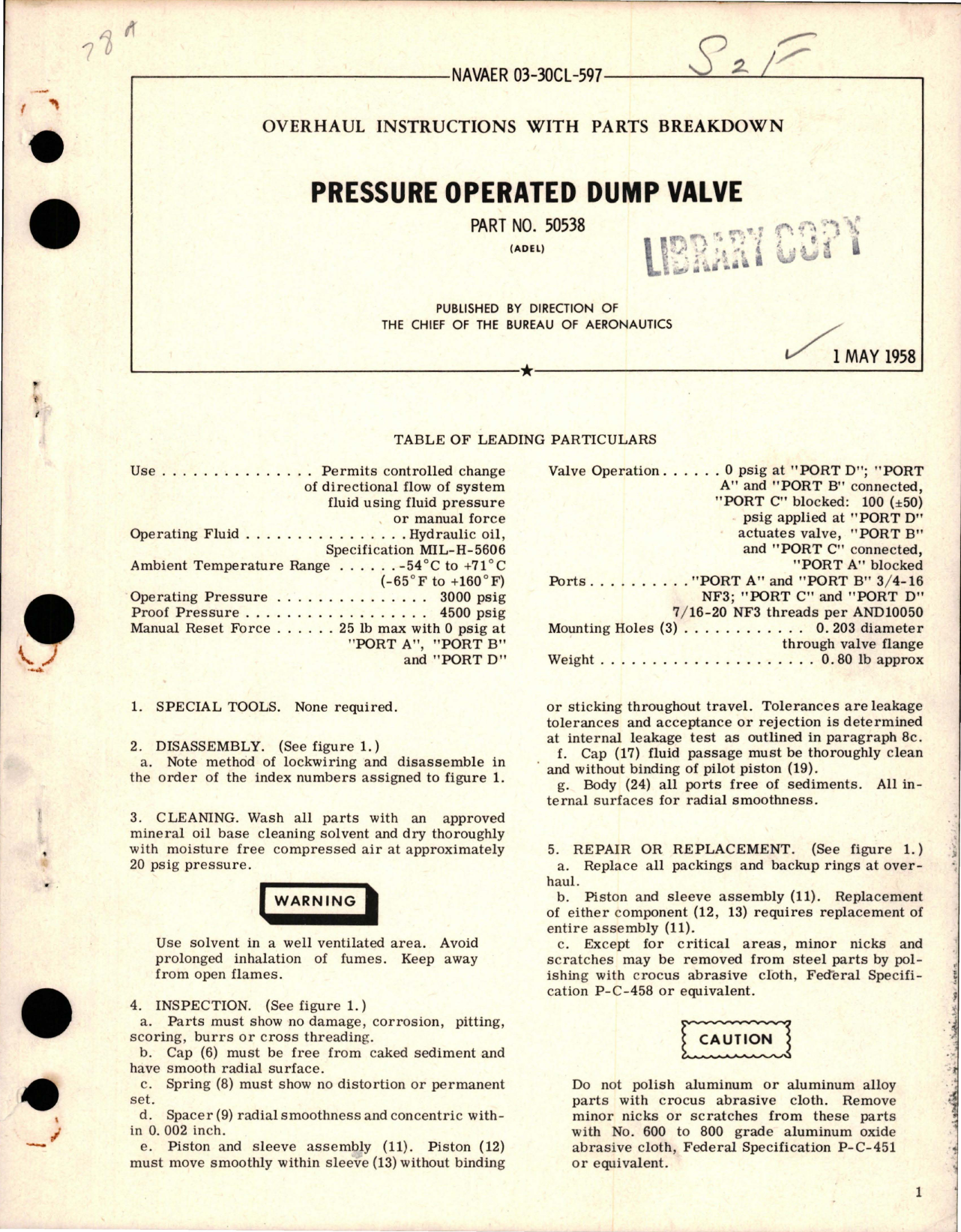 Sample page 1 from AirCorps Library document: Overhaul Instructions with Parts Breakdown for Pressure Operated Dump Valve - Part 50538 