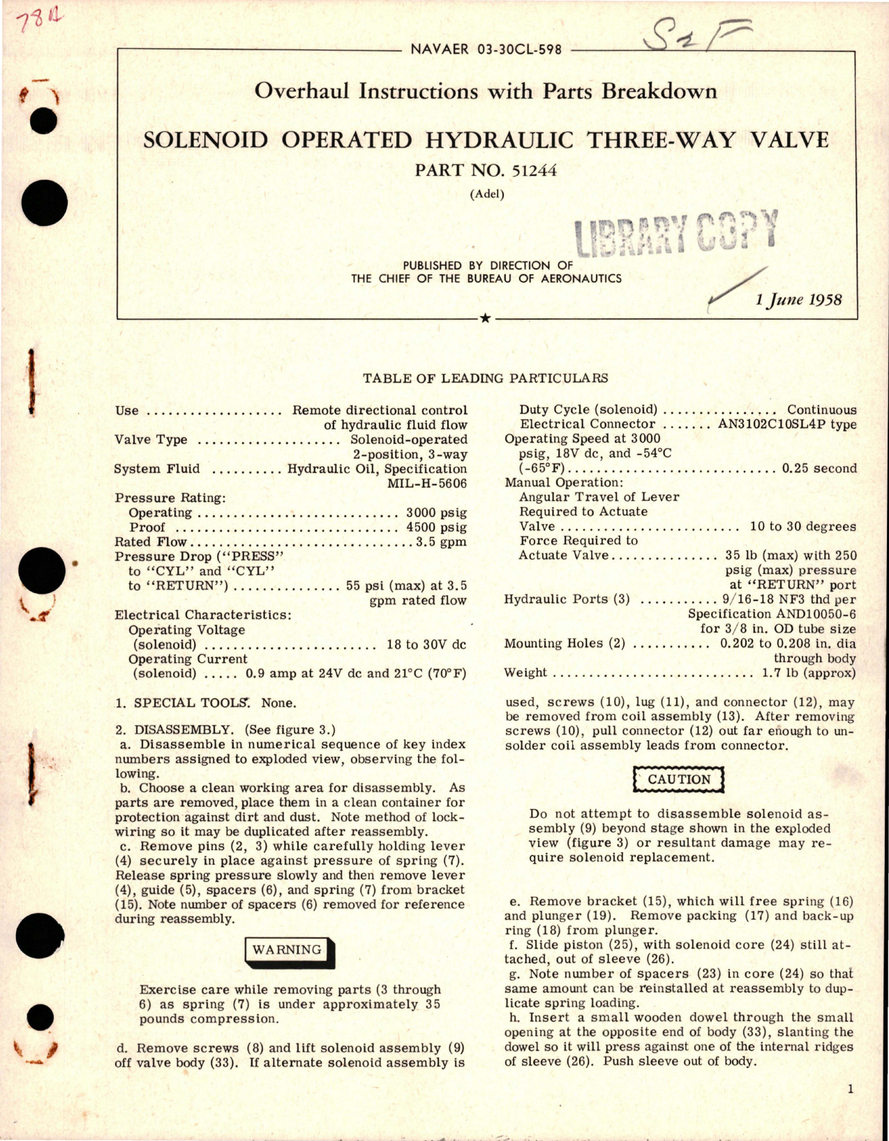 Sample page 1 from AirCorps Library document: Overhaul Instructions with Parts for Solenoid Operated Hydraulic Three-Way Valve - Part 51244 