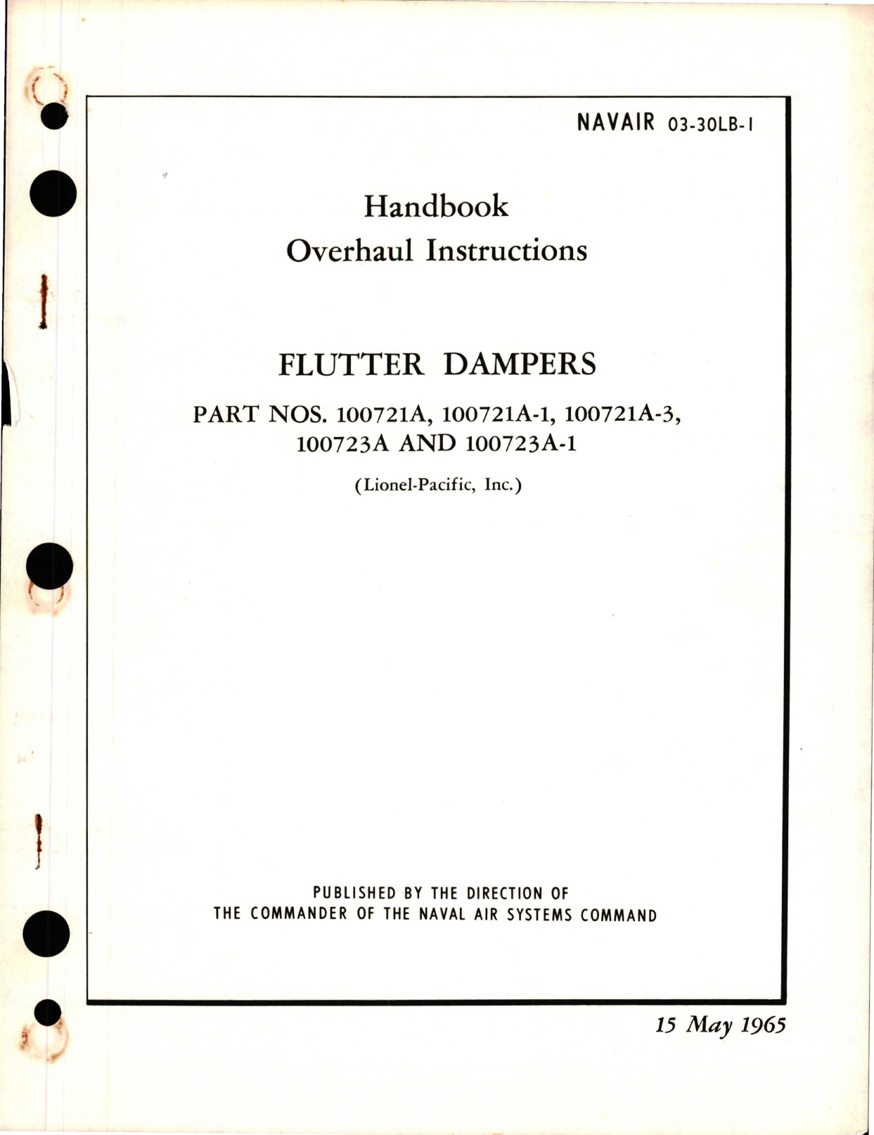 Sample page 1 from AirCorps Library document: Overhaul Instructions for Flutter Dampers - Parts 100721A, 100721A-1, 100721A-3, 100723A & 100723A-1