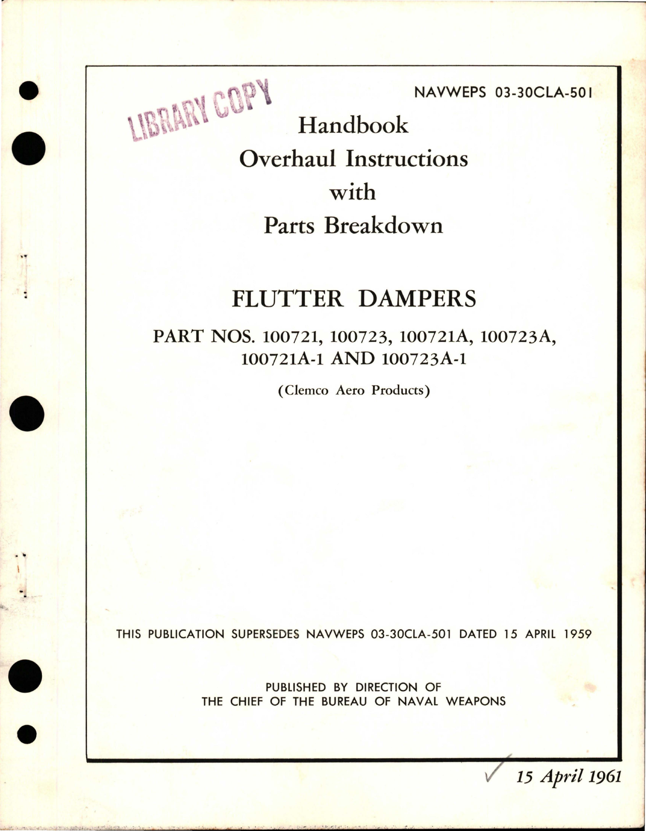 Sample page 1 from AirCorps Library document: Overhaul Instructions with Parts Breakdown for Flutter Dampers - Parts 100721, 100723, 100721A, 100723A, 100721A-1 & 100723A-1