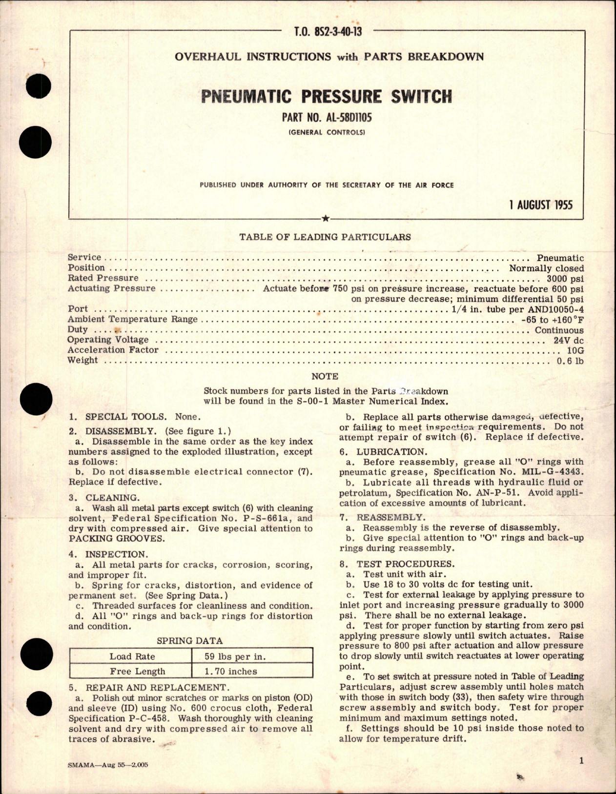 Sample page 1 from AirCorps Library document: Overhaul Instructions with Parts for Pneumatic Pressure Switch - Part AL-58D1105
