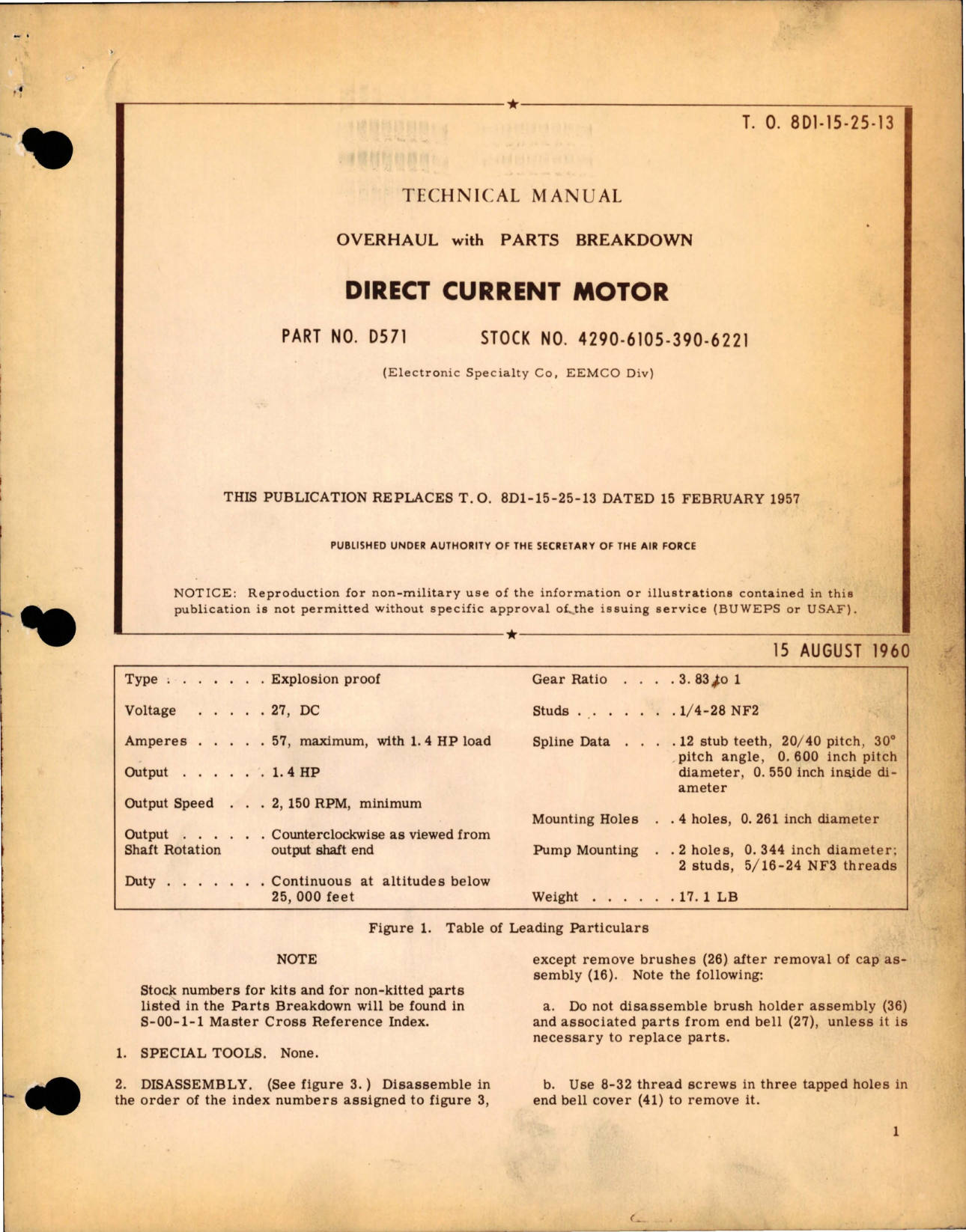 Sample page 1 from AirCorps Library document: Overhaul with Parts Breakdown for Direct Current Motor - Part D571 