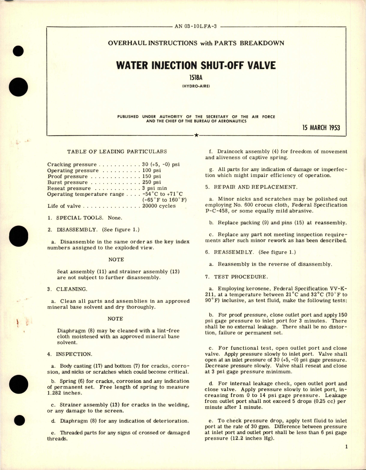 Sample page 1 from AirCorps Library document: Overhaul Instructions with Parts Breakdown for Water Injection Shut Off Valve - 1518A