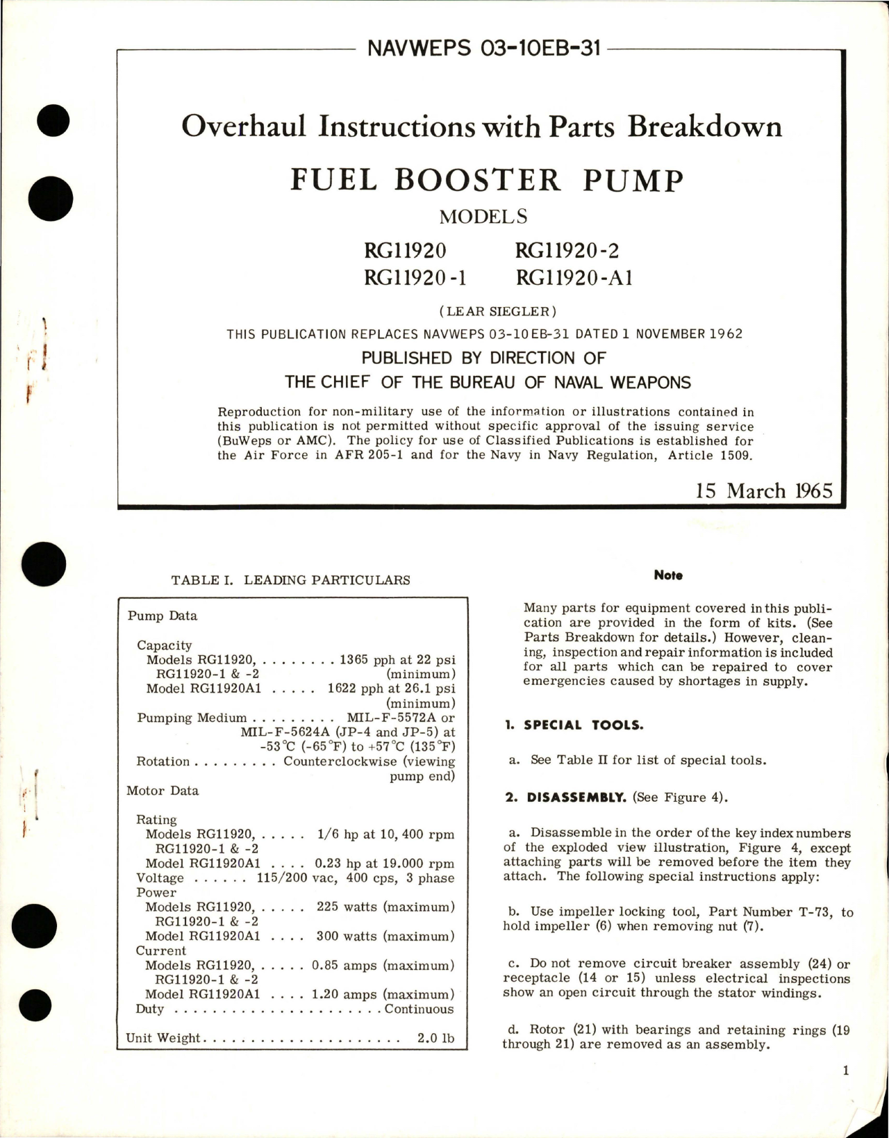 Sample page 1 from AirCorps Library document: Overhaul Instructions with Parts Breakdown for Fuel Booster Pump - Models RG11920, RG11920-1, RG11920-2, and RG11920-A1