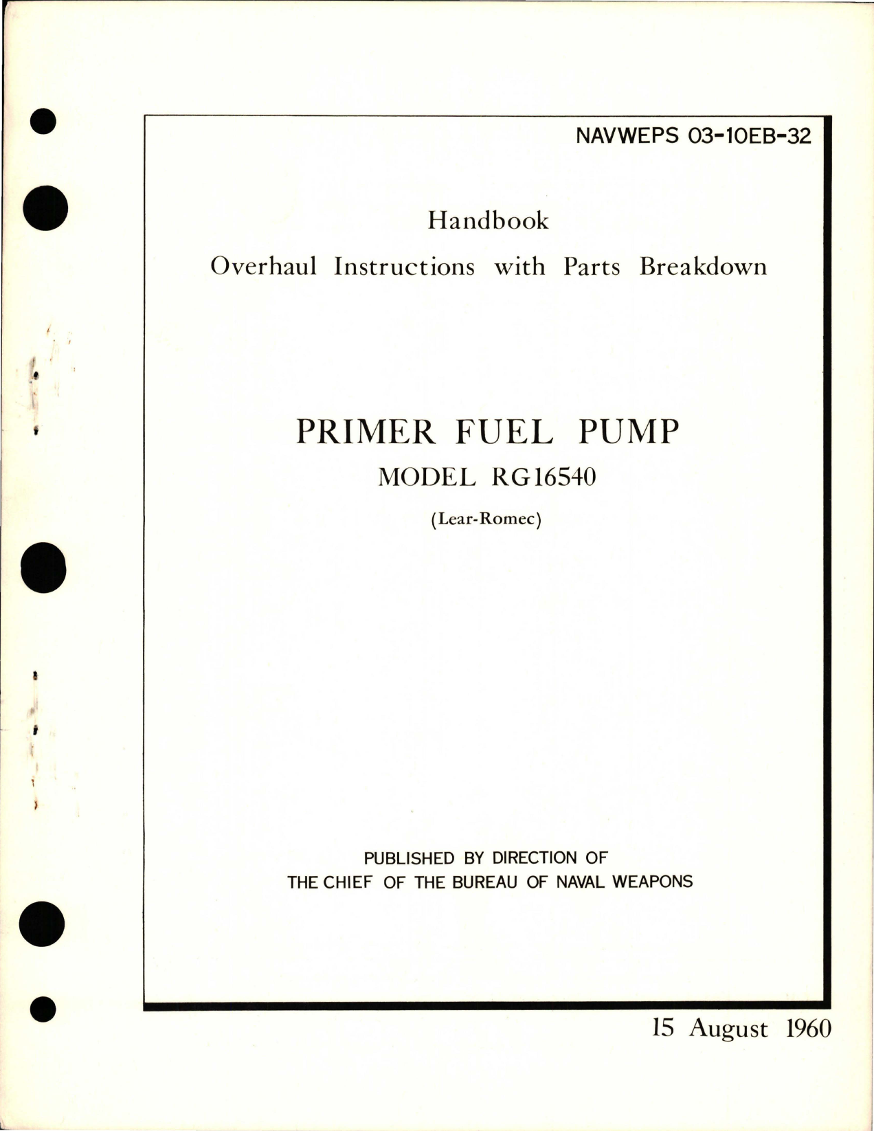 Sample page 1 from AirCorps Library document: Overhaul Instructions with Parts Breakdown for Primer Fuel Pump - Model RG16540