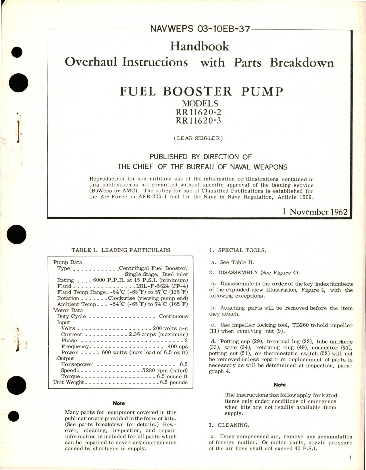 Sample page 1 from AirCorps Library document: Overhaul Instructions with Parts Breakdown for Fuel Booster Pump - Model RR11620-2 and RR11620-3